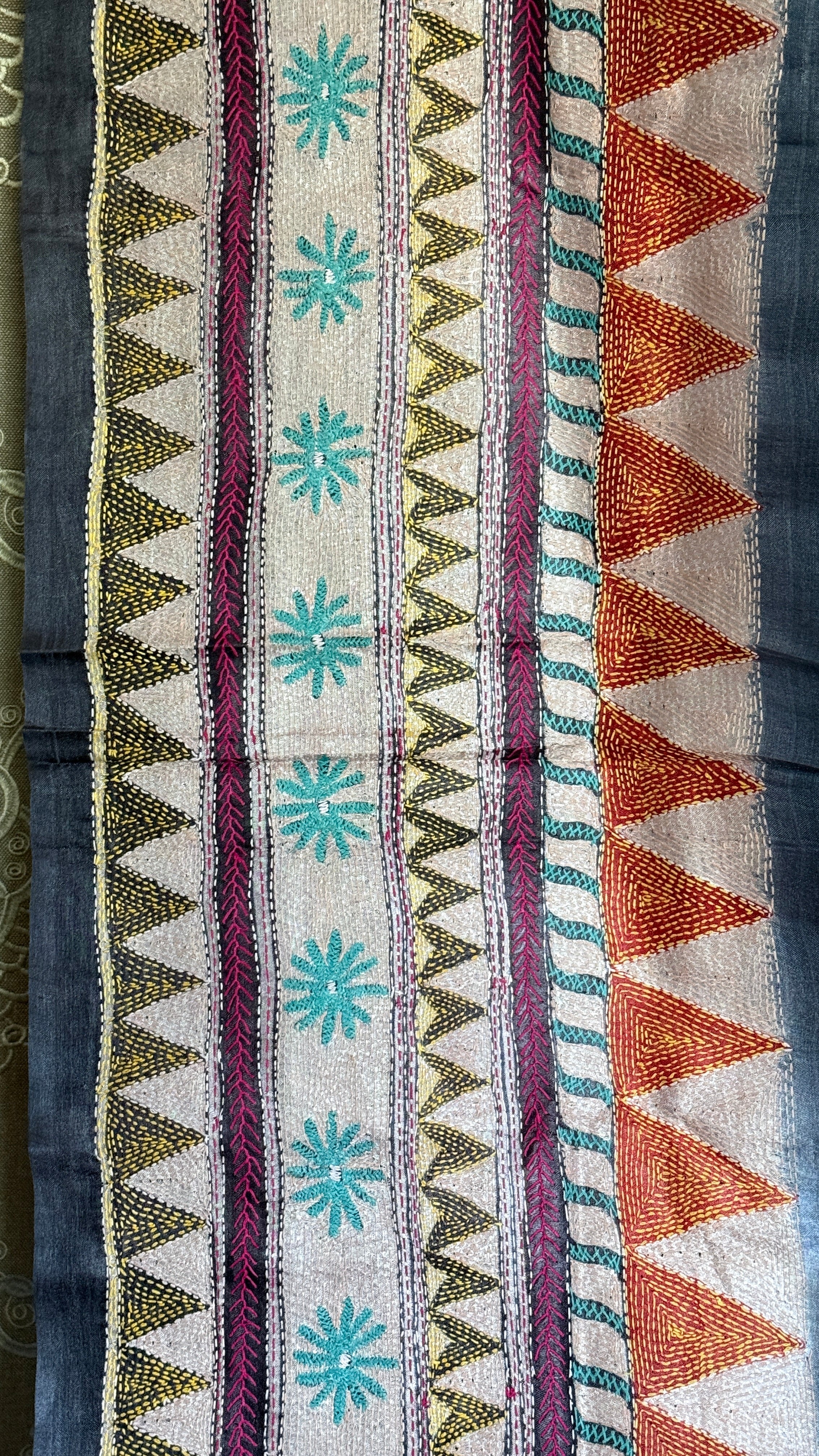 Pure Tussar Silk Kantha Stitch -  Grey Multi Color