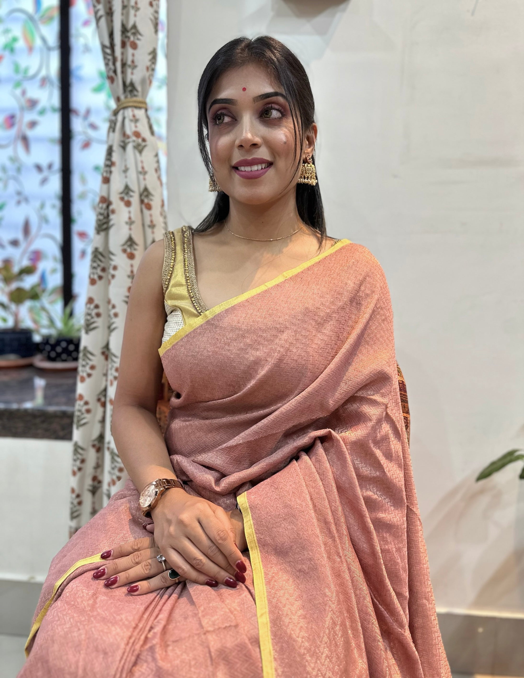 Pure Khadi Matka Cotton Brocade - Dusty Pink Color Handwoven