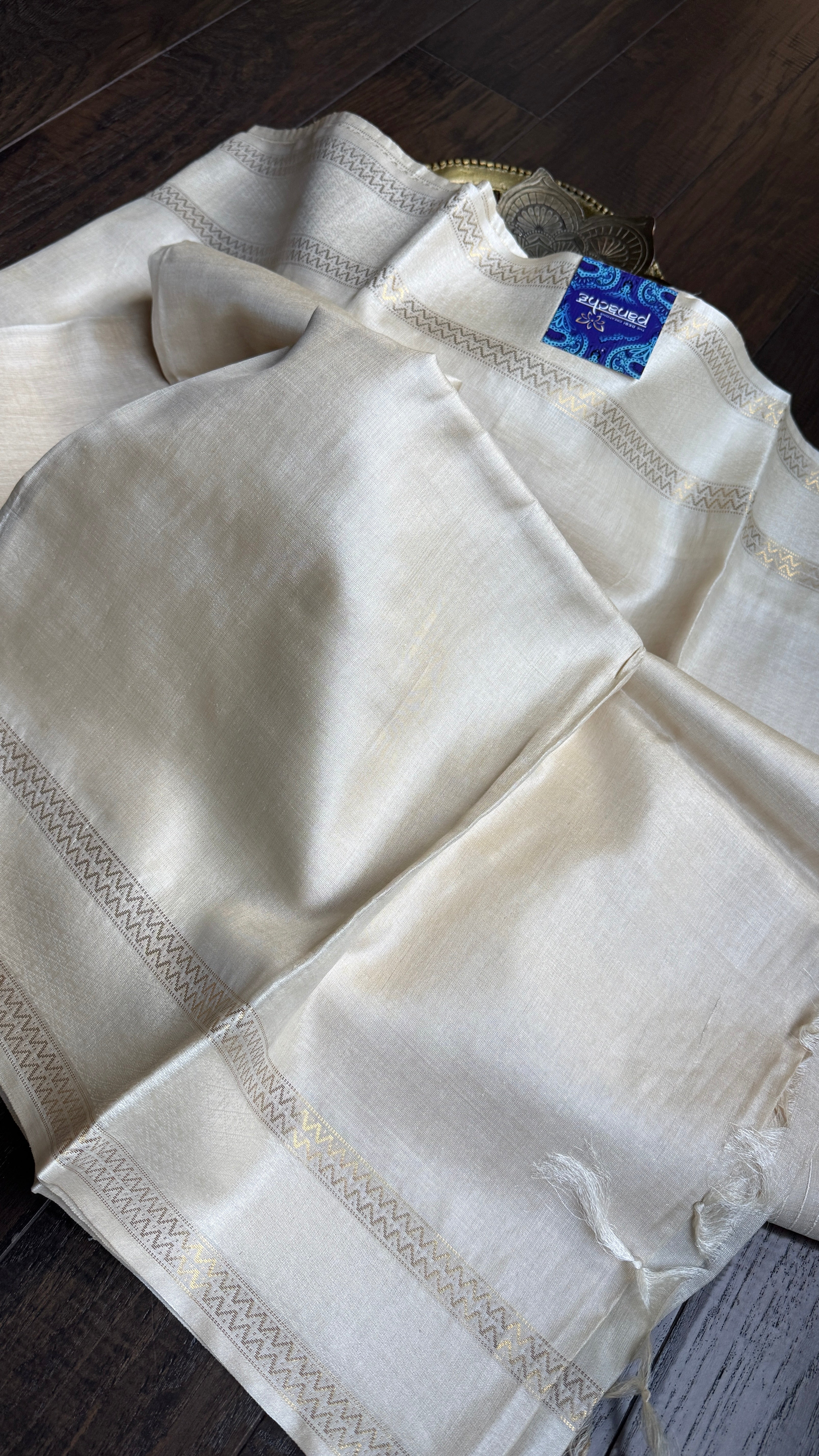 Pure Tussar Silk - Cream Beige Golden Zari Woven3