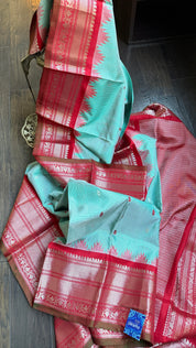 Pure Silk Gadwal - Light Blue Red Checkered