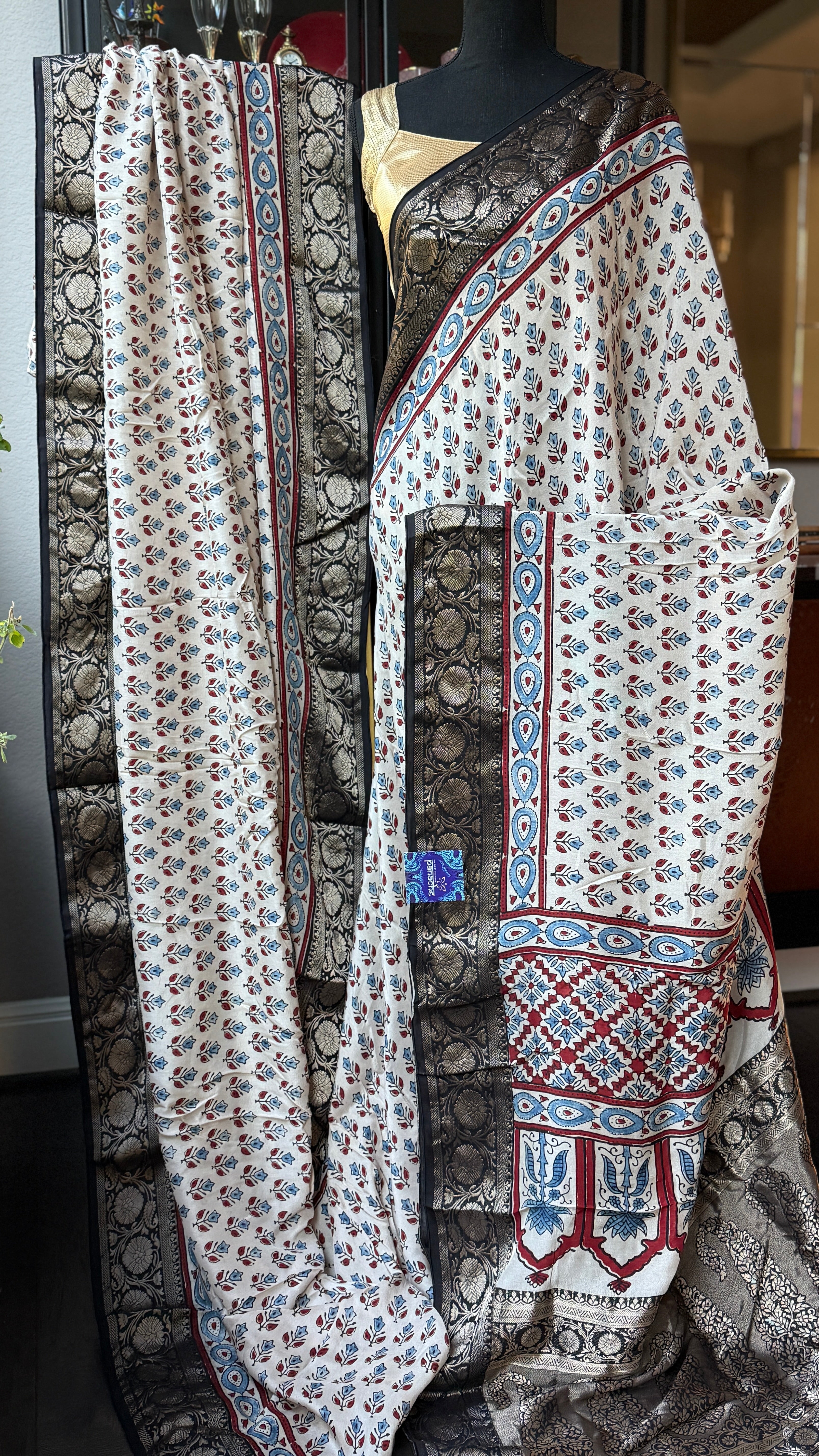 Dola Silk Ajrakh - Cream Black