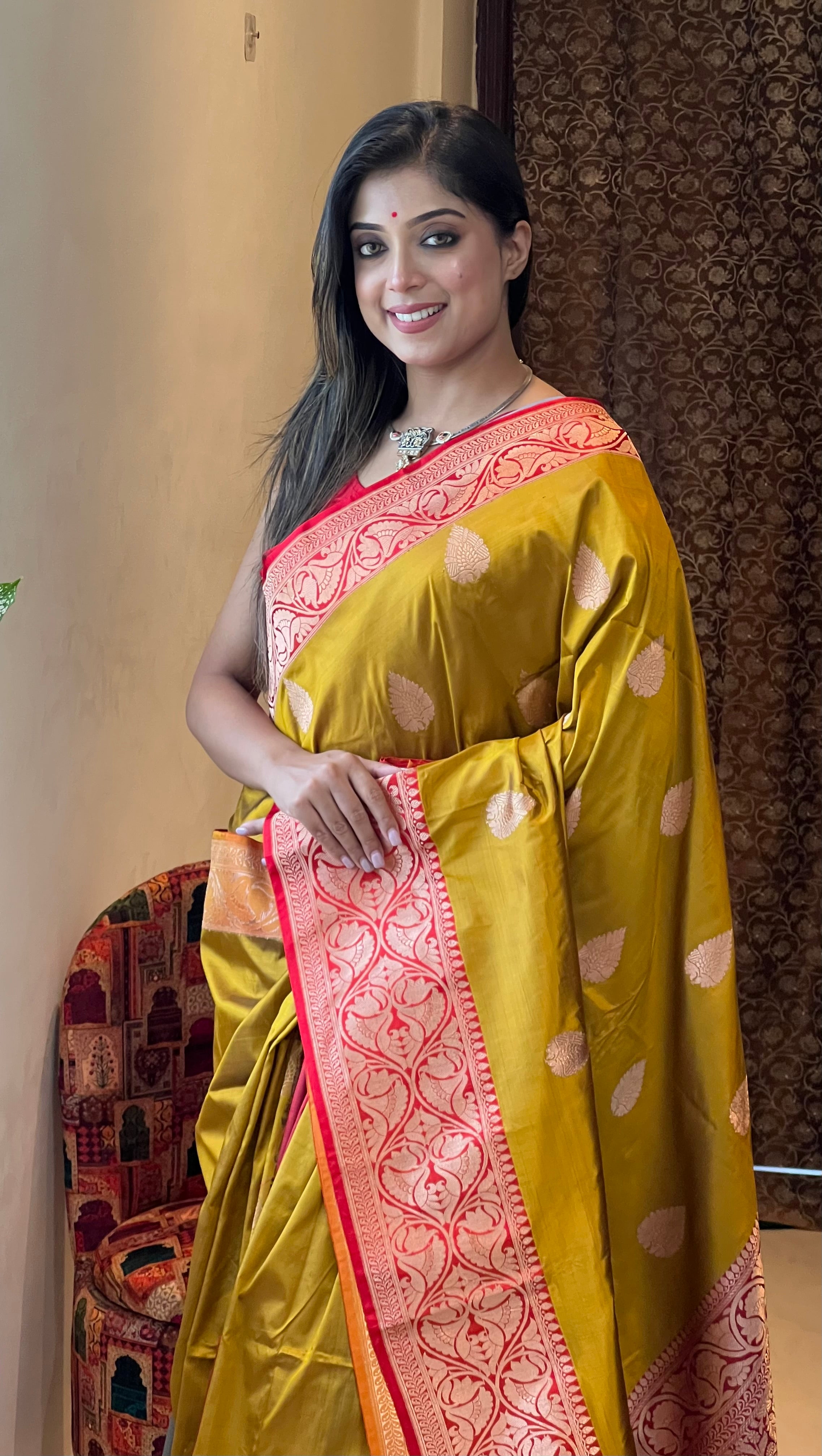 Pure Silk Katan Banarasi- Ochre Yellow Red