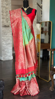 Pure Tassur Silk Banarasi - Sea Green Red