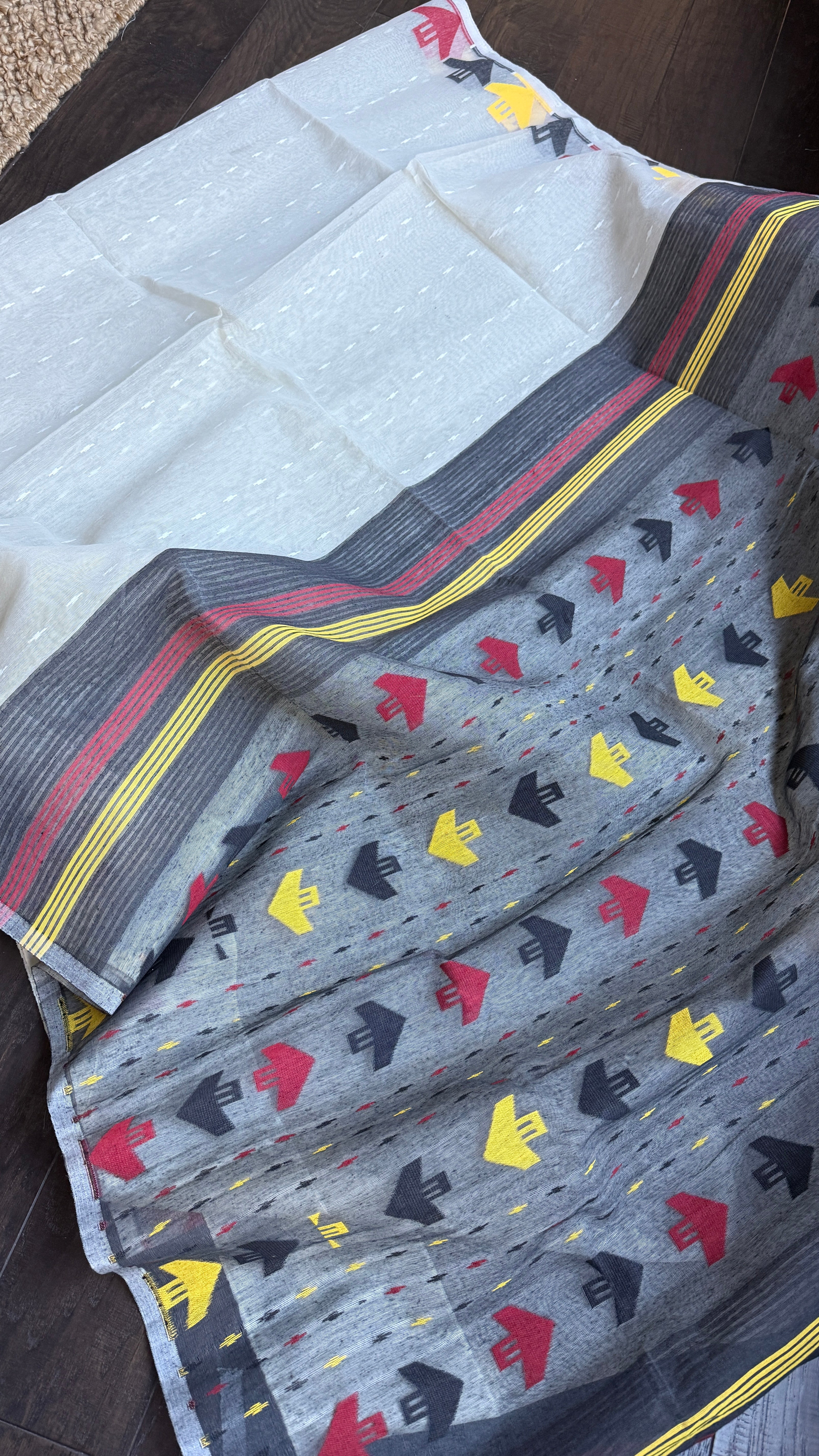 Dhakai Jamdani  - Off White Black Yellow Red