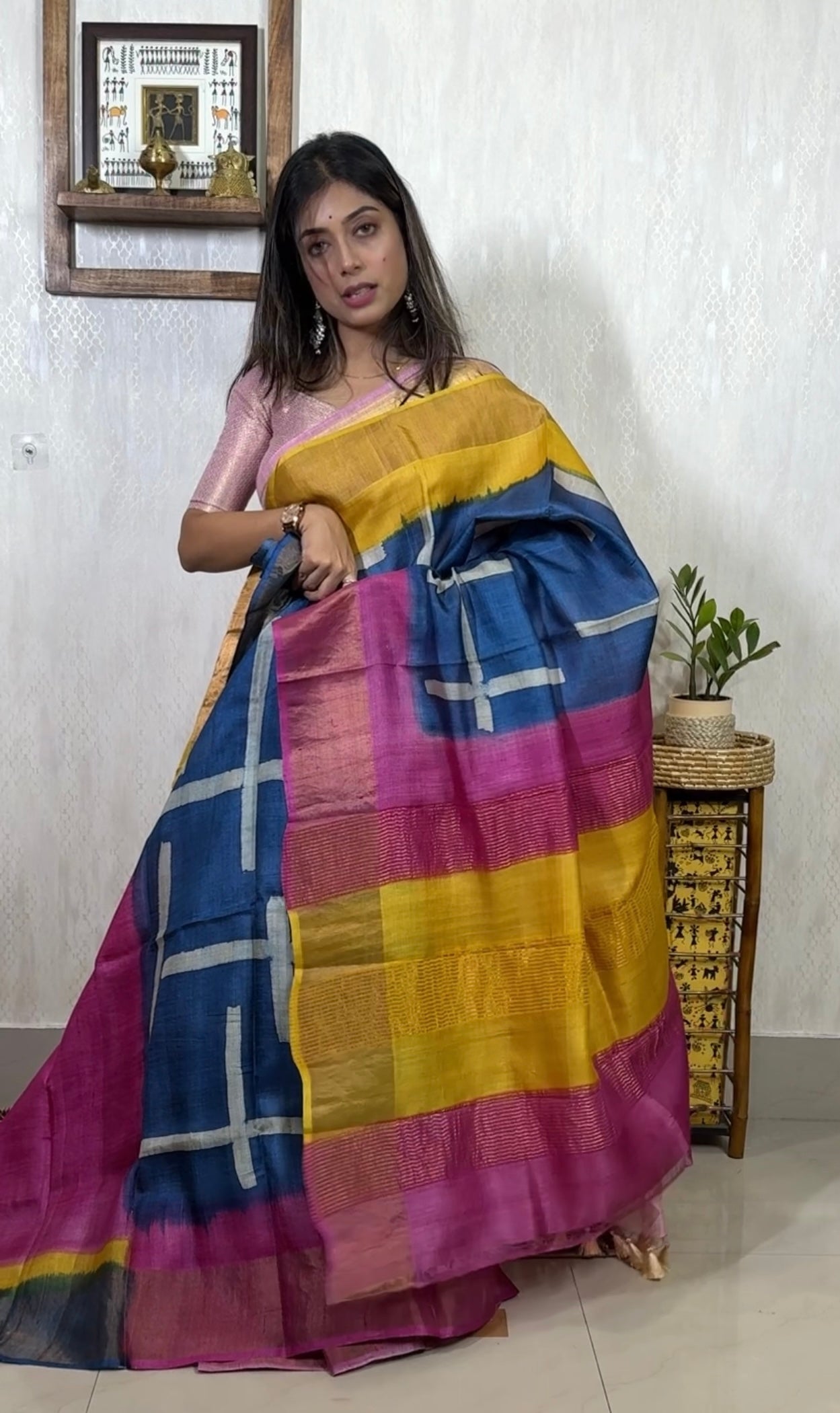 Pure Tussar Silk - Blue Yellow Pink Hand-Block Printed