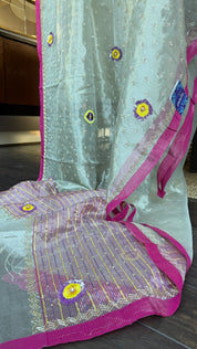 Hand Zardozi Pure Chanderi Tissue Silk - Silver Pink Woven