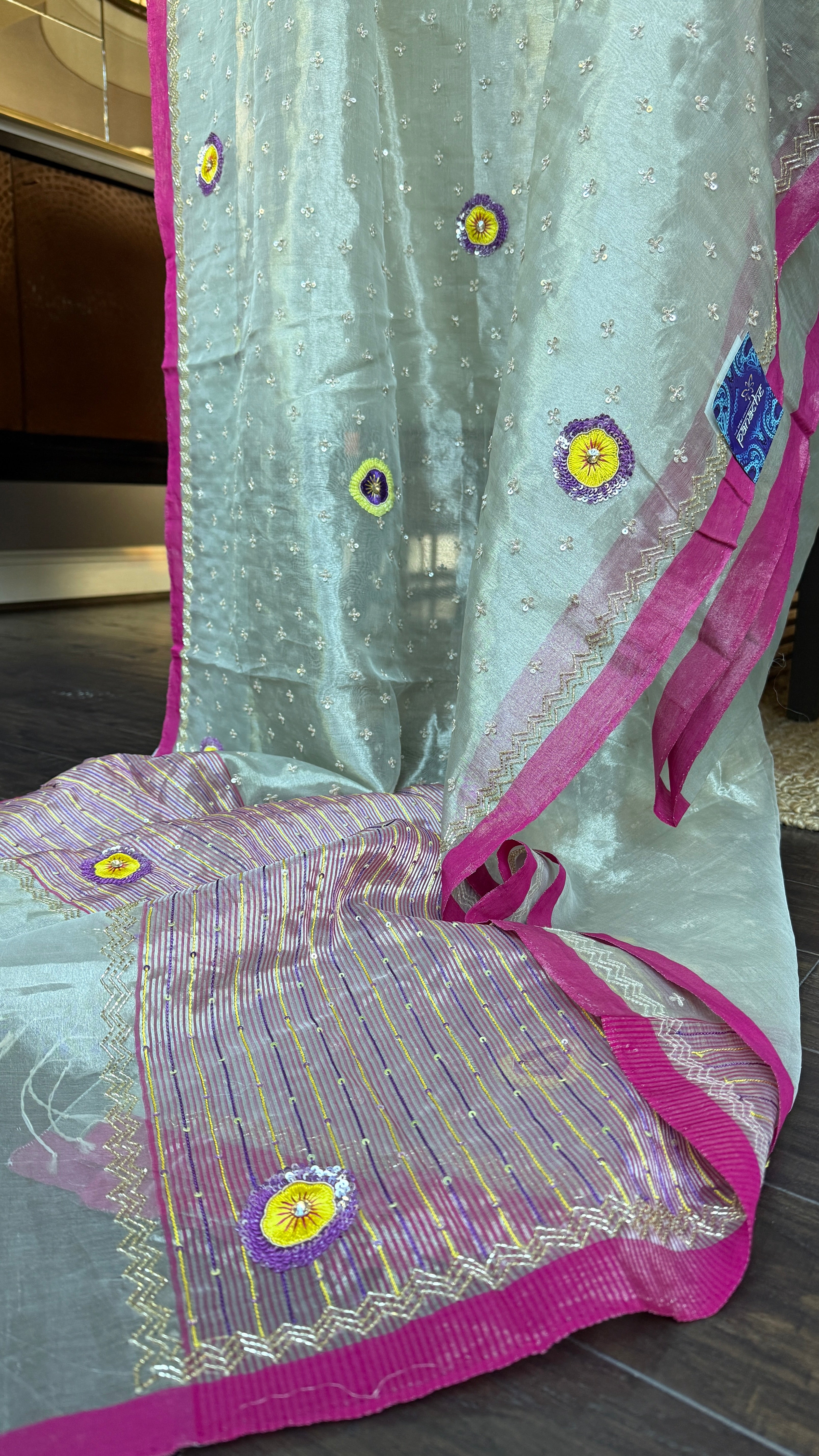 Hand Zardozi Pure Chanderi Tissue Silk - Silver Pink Woven