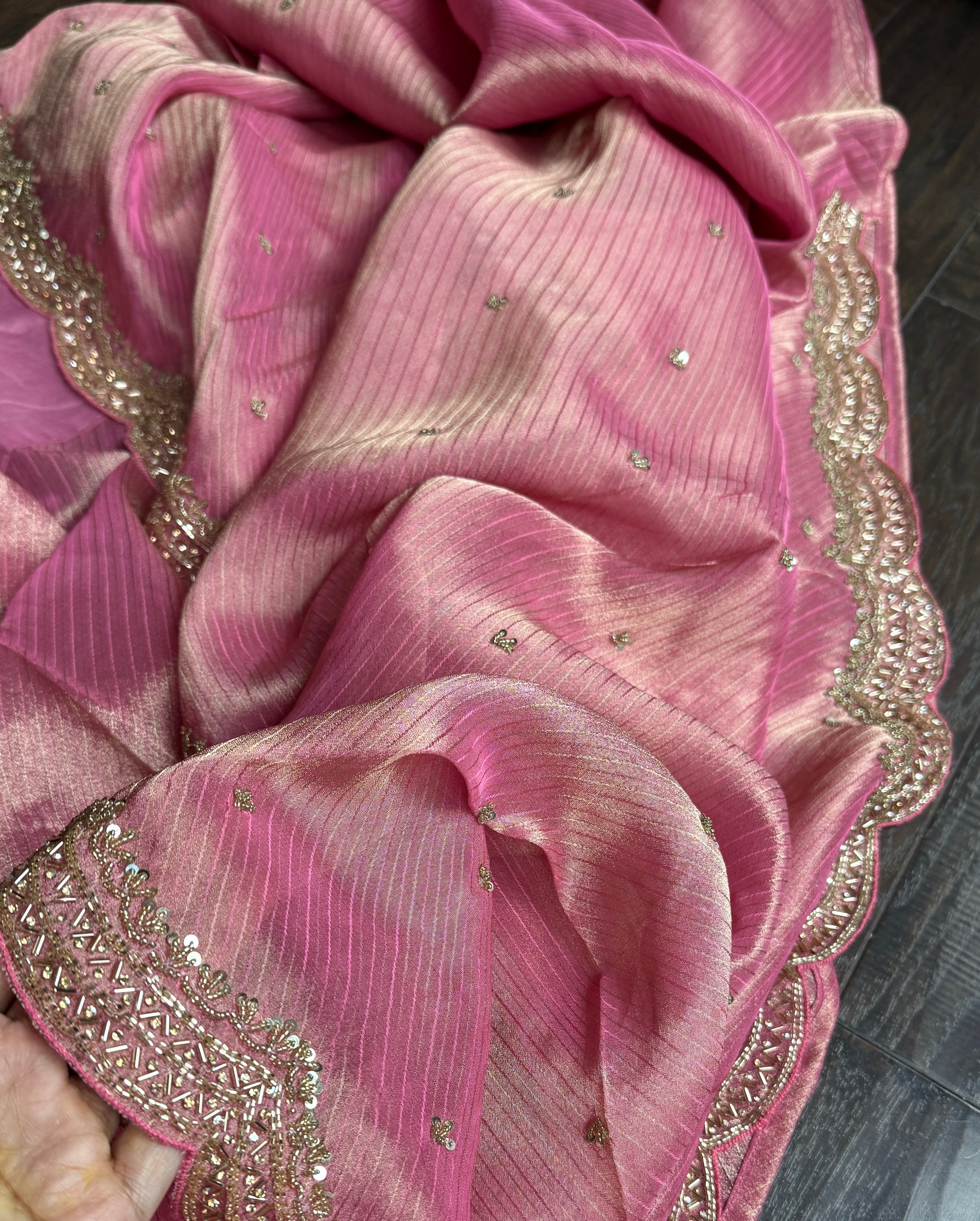 Designer Georgette Organza - Pink Dual Shaded Scalloped Border