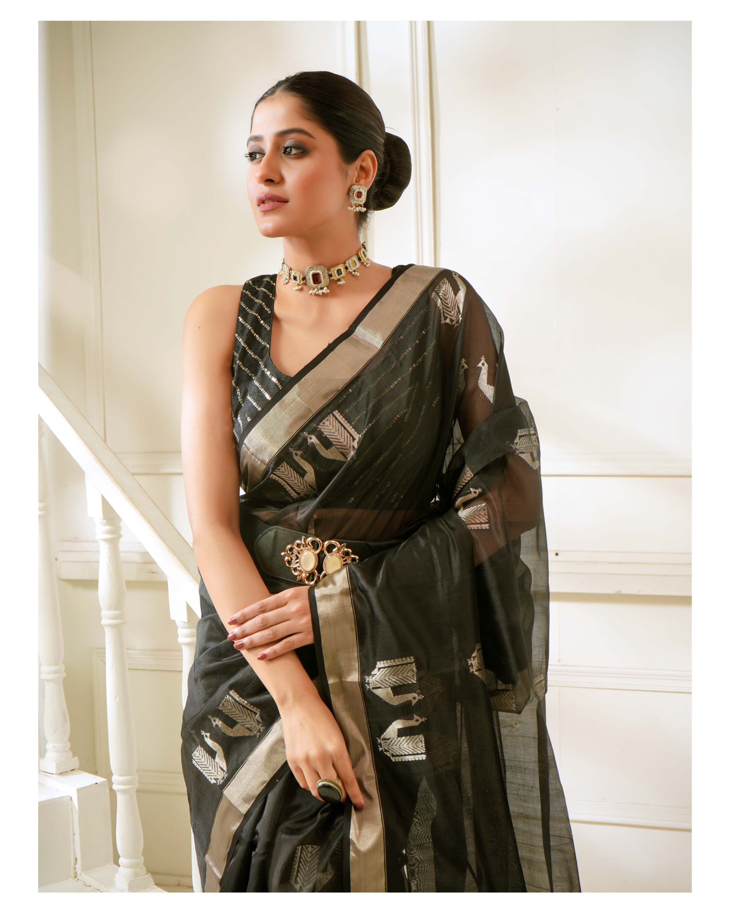 Pure Chanderi Pattu Silk - Black Silver Peacock