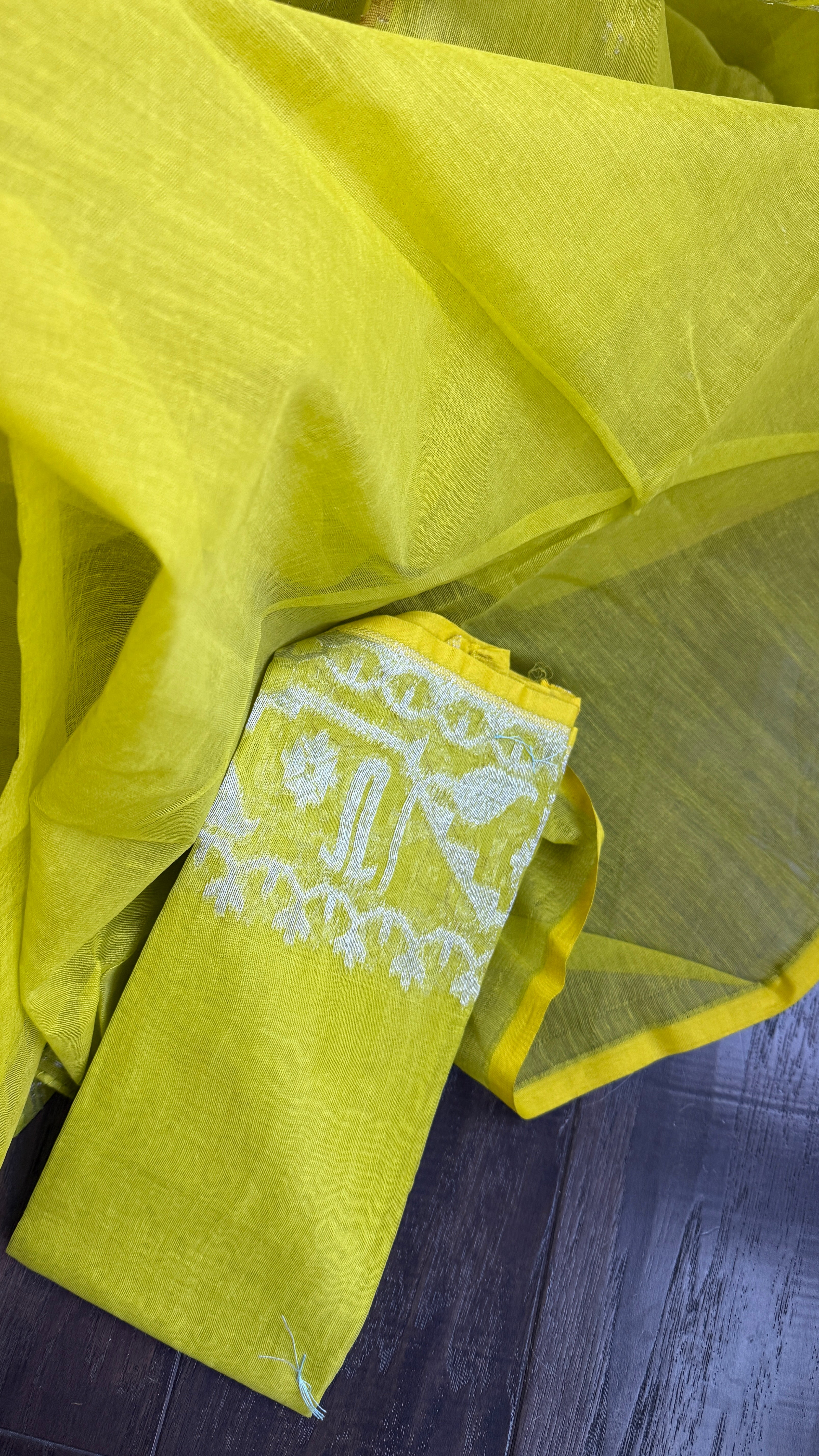 Dhakai Jamdani  - Lime Green Silver Zari  Woven