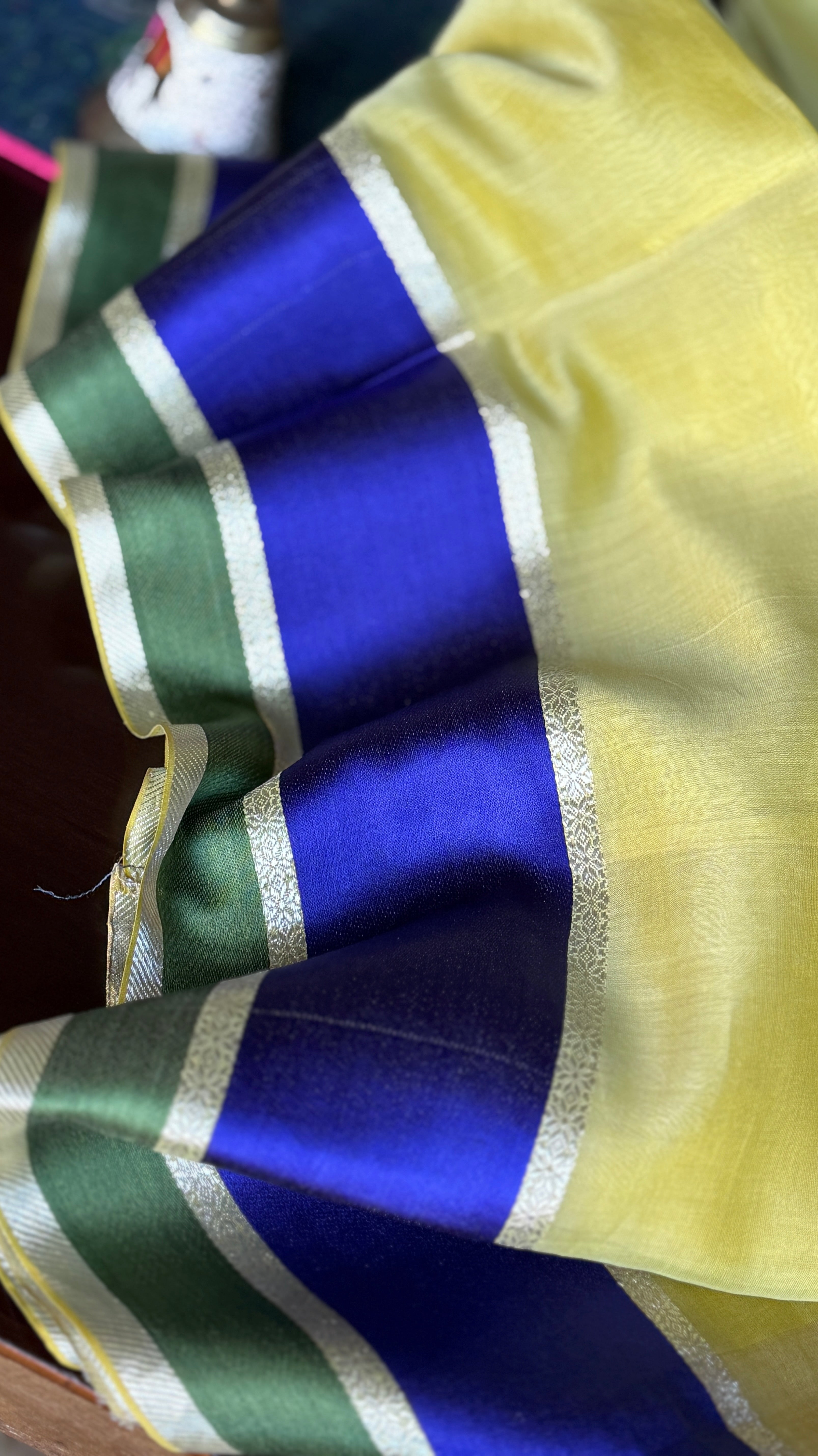 Maheshwari Tissue Silk Satin - Light Lemon Yellow Blue Green