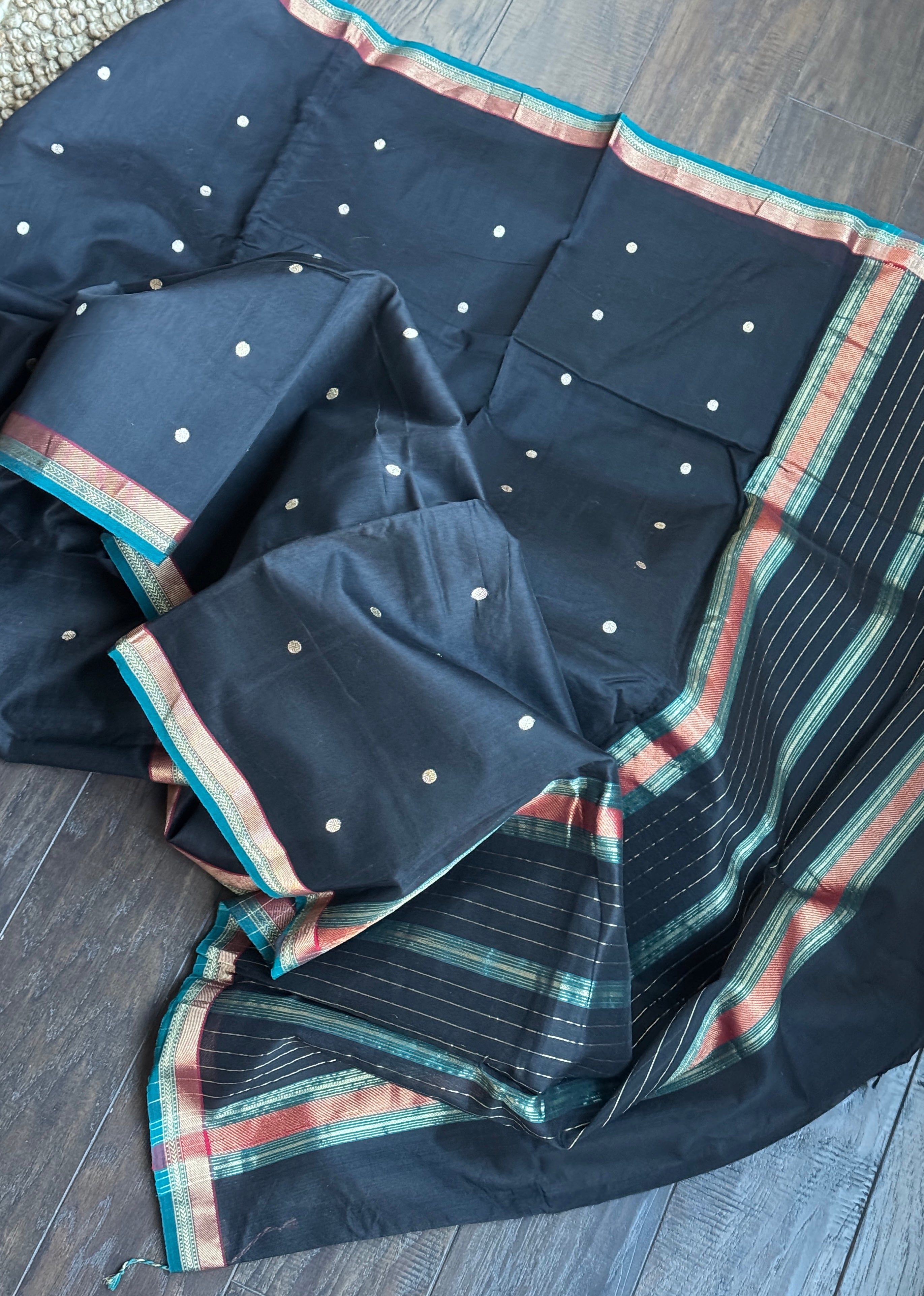 Chanderi Silk Cotton - Black Firozi Eknaliya Woven