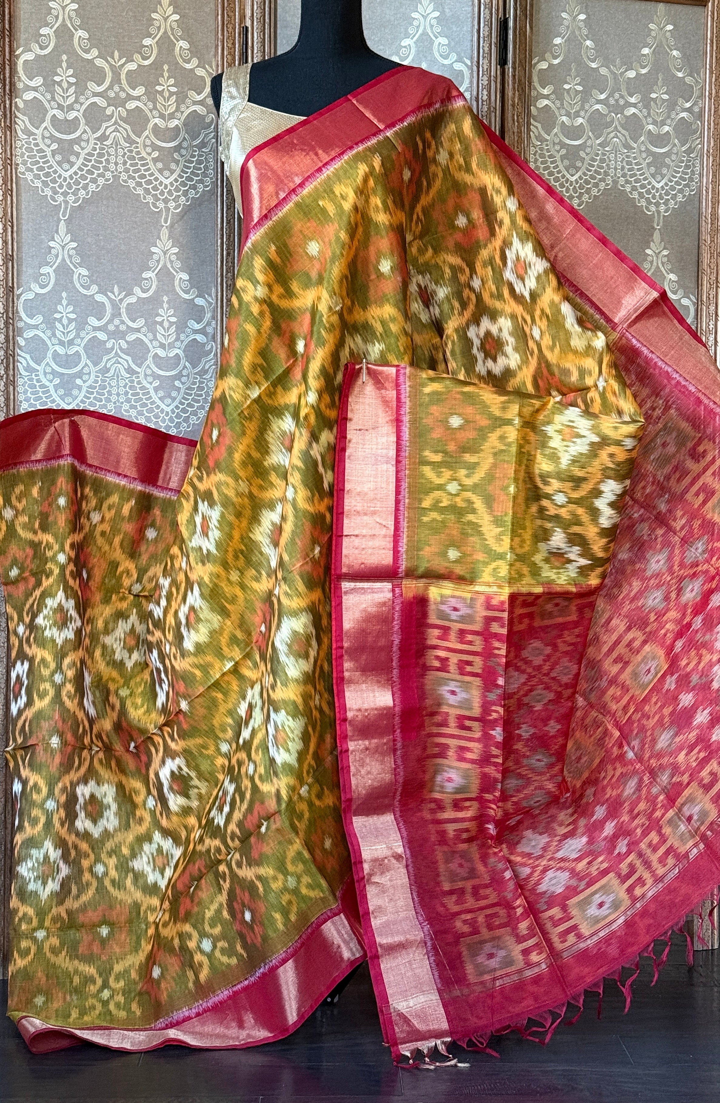 Pure Cotton Silk Ikat - Yellow Red