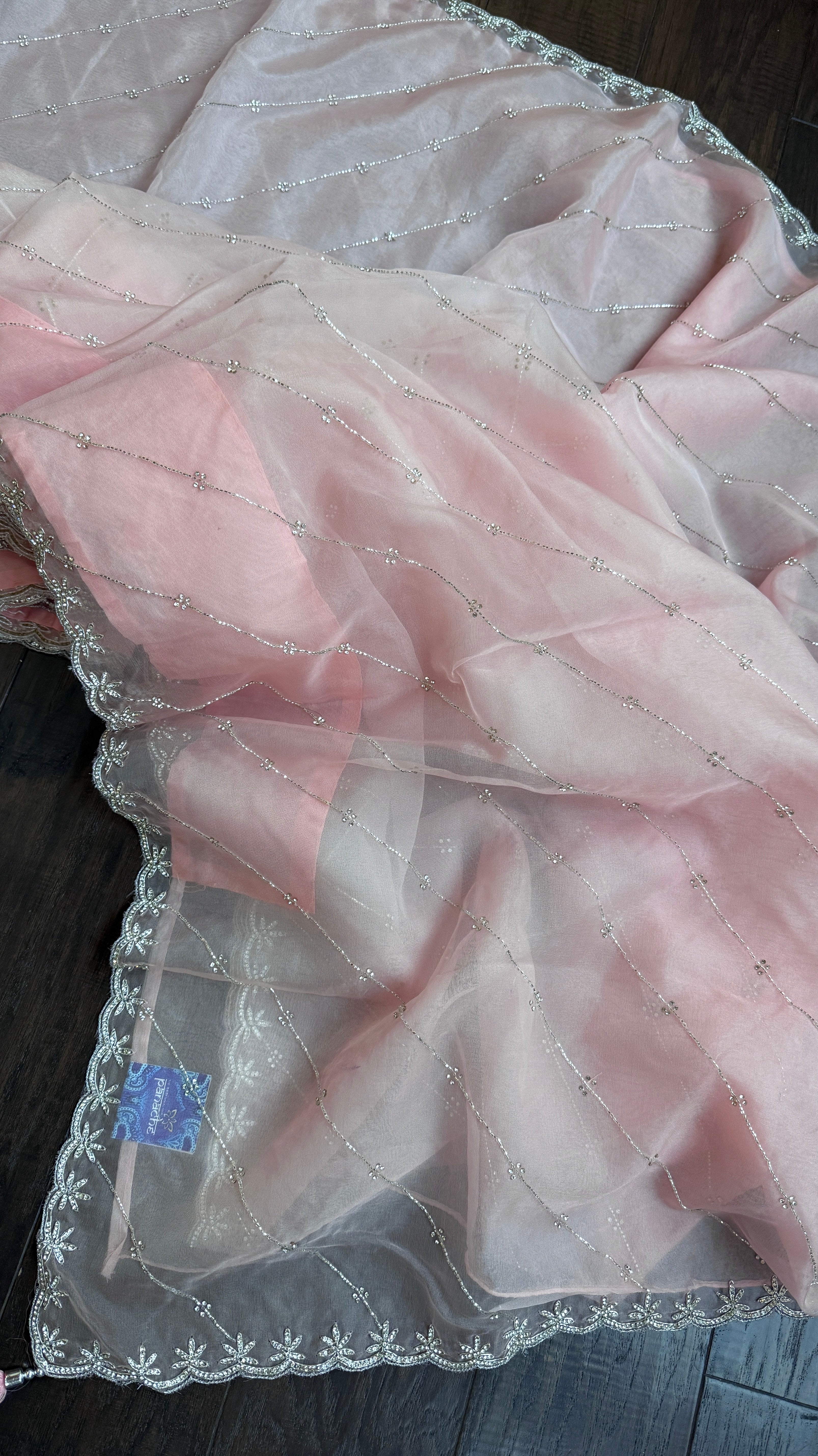 Designer Organza - Light Peach Pink Leheriya