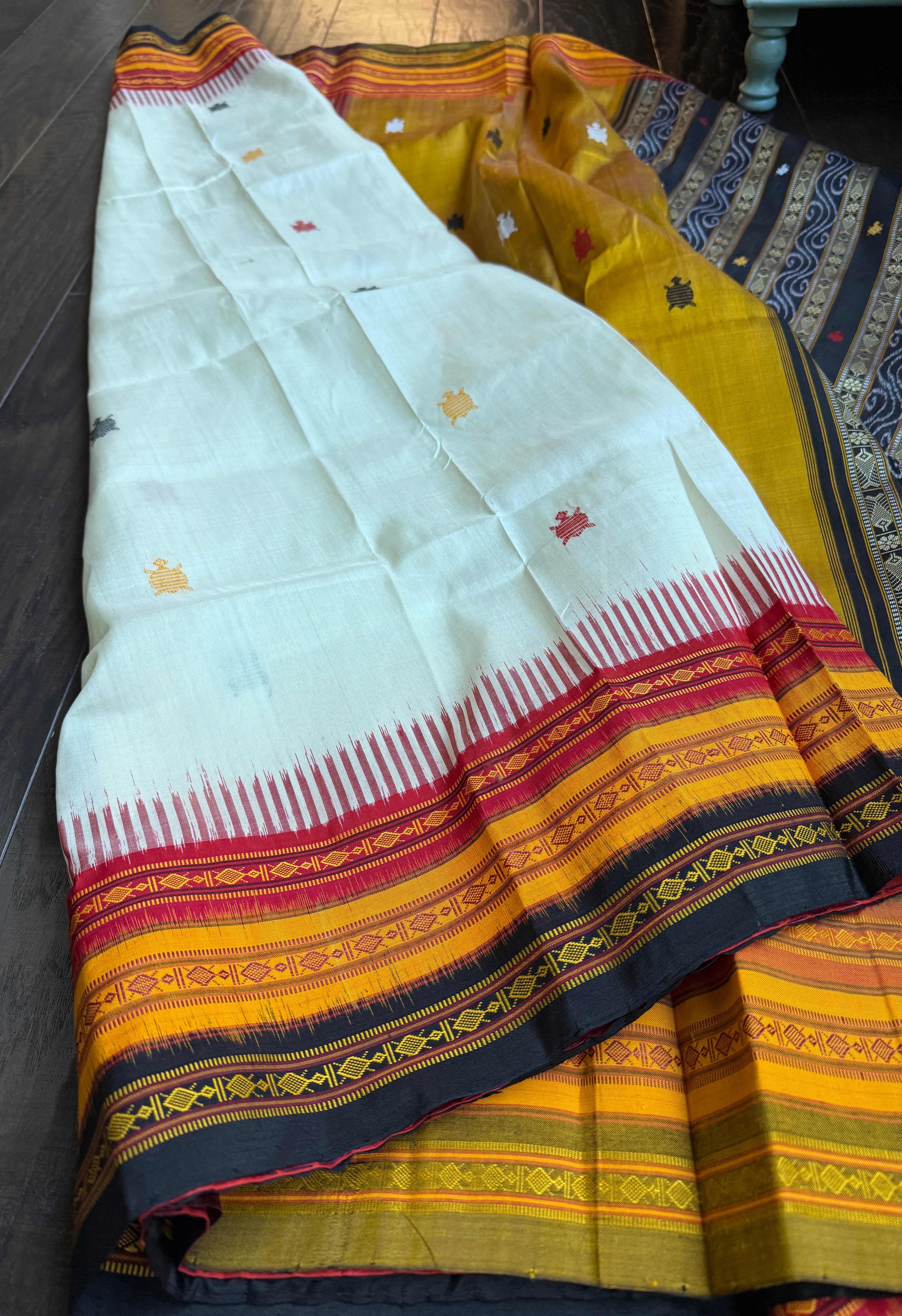 Sambalpuri Handloom Double Ikat *KATHIE-PHERA* Mulberry Silk saree - Off-white Red Yellow Black