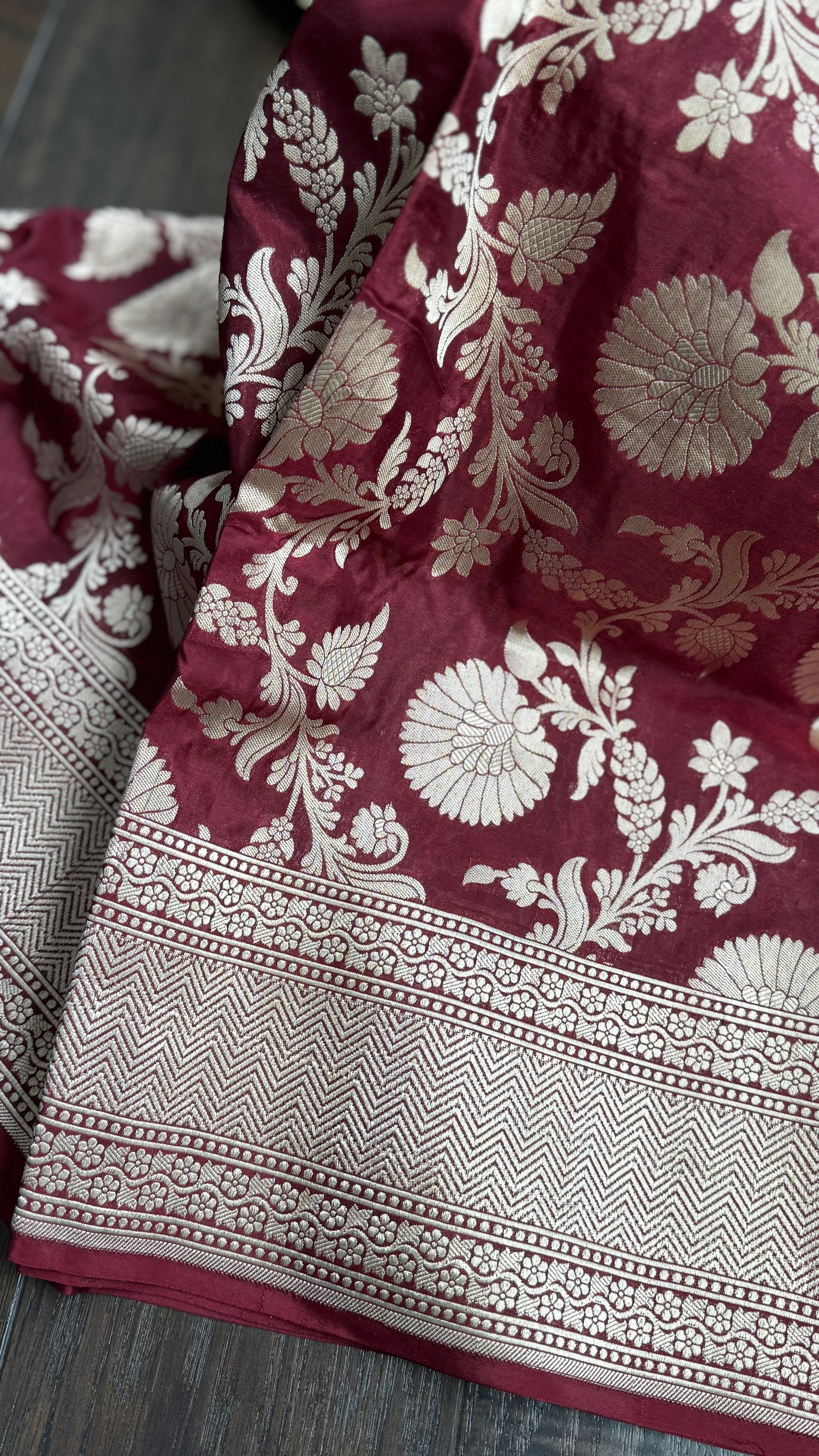 Pure Silk Katan Jaal Banarasi- Dark Maroon