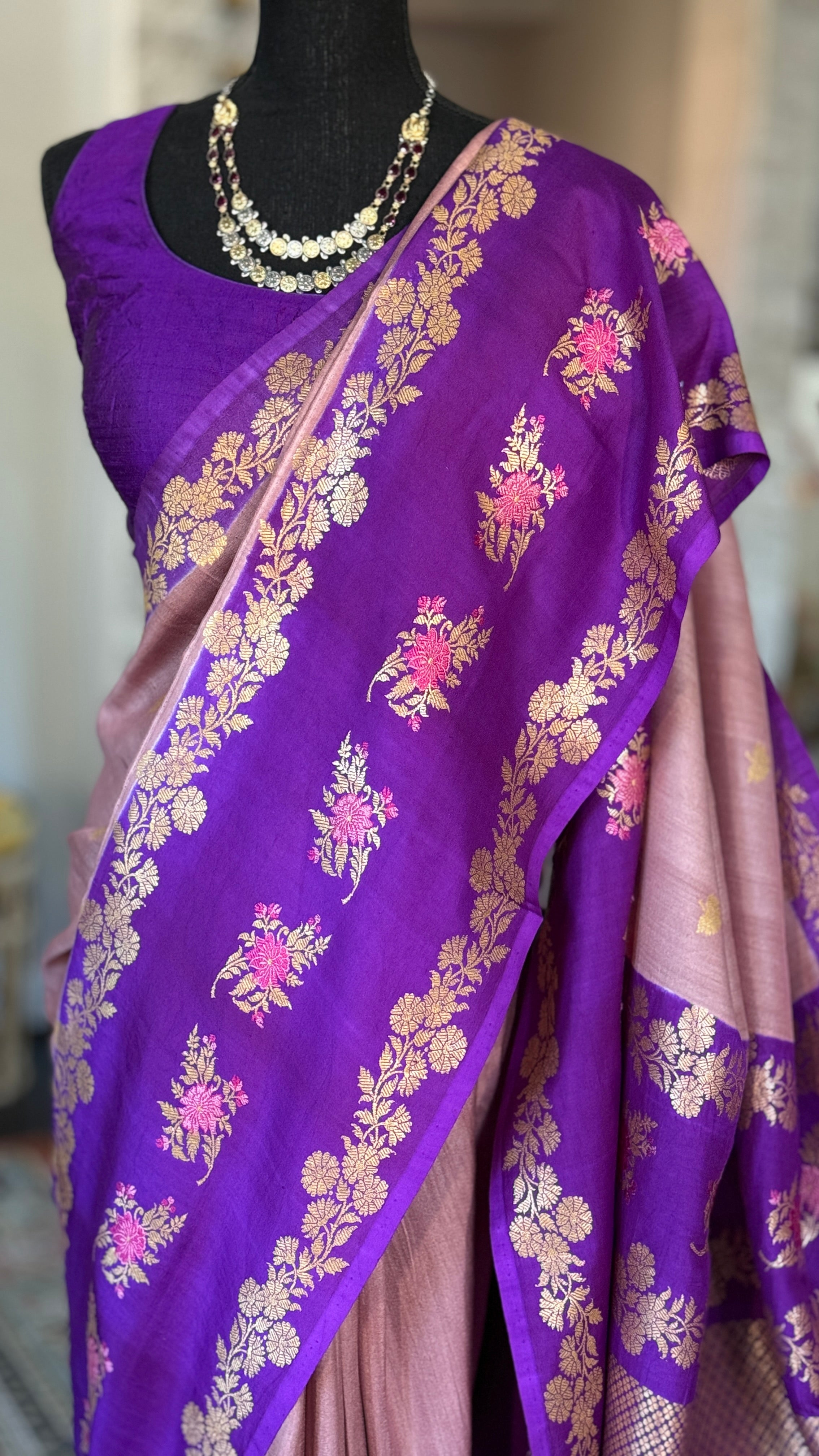 Tussar Georgette Katan Silk Banarasi - Blush pink Purple Kadhua