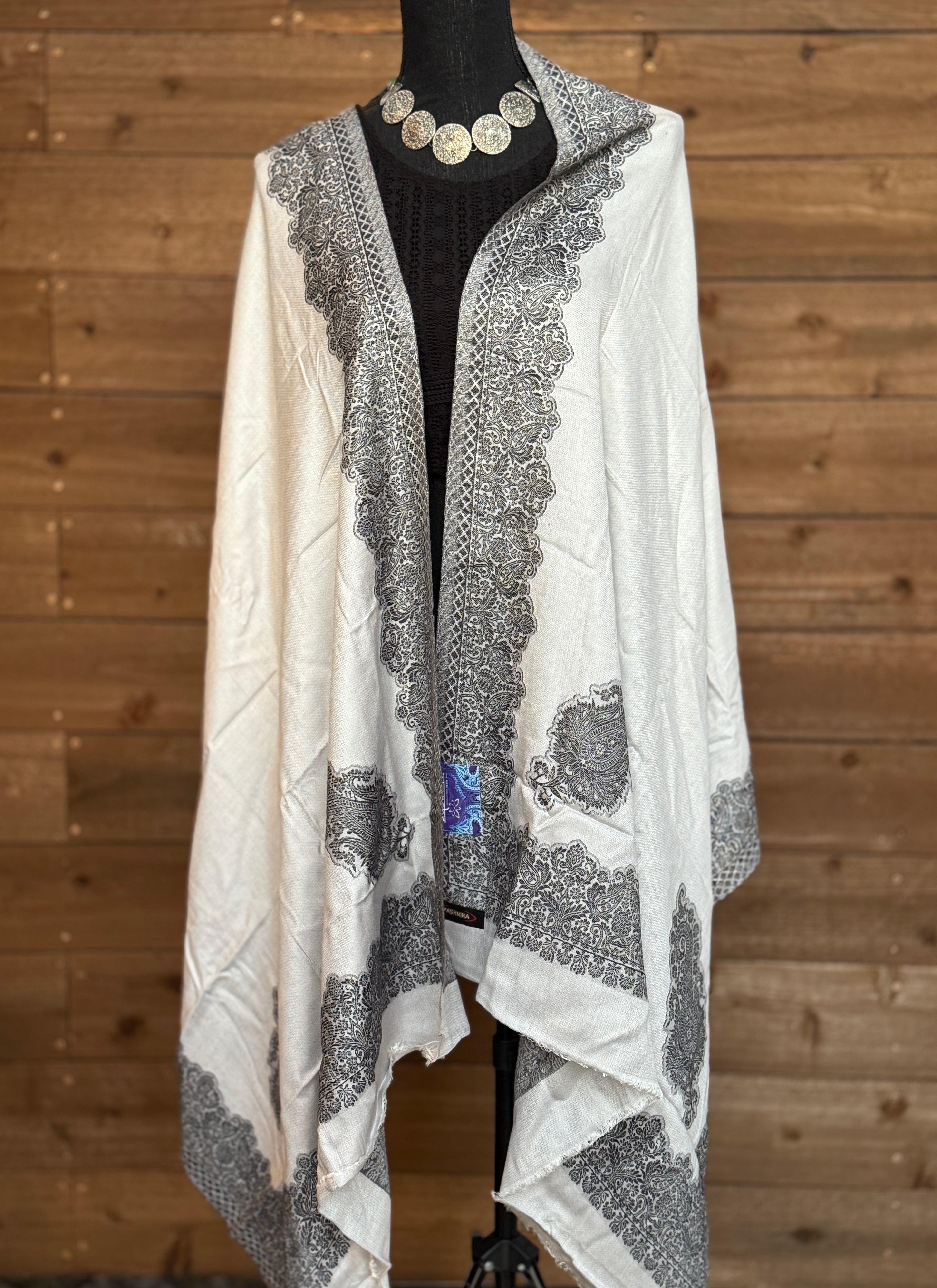 Kashmiri Woven Stole - Beige Black