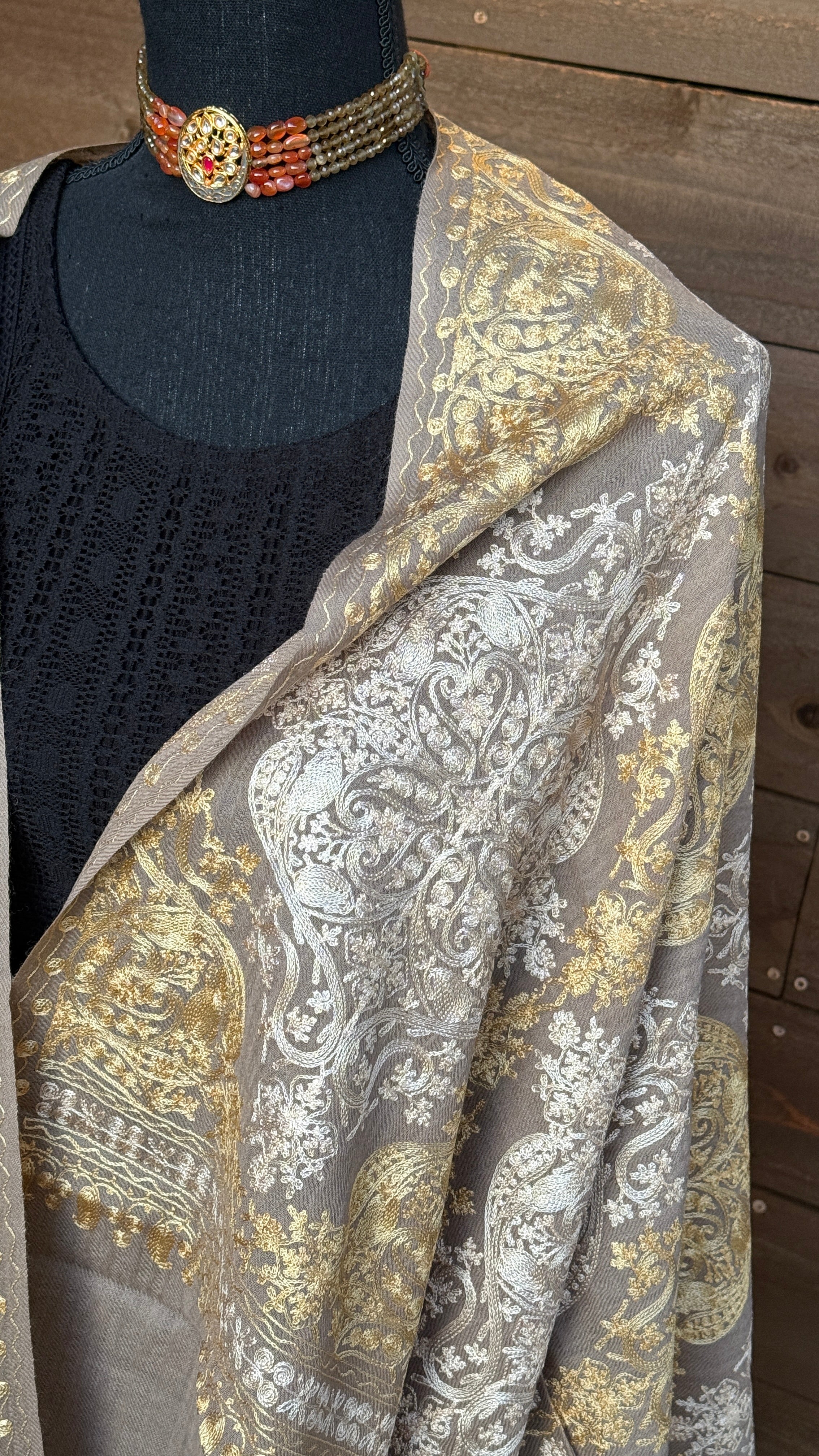 Kashmiri Woven Stole - Gray Yellow