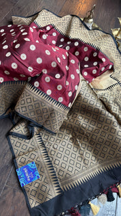 Pure Silk Katan Banarasi - Wine Maroon Black