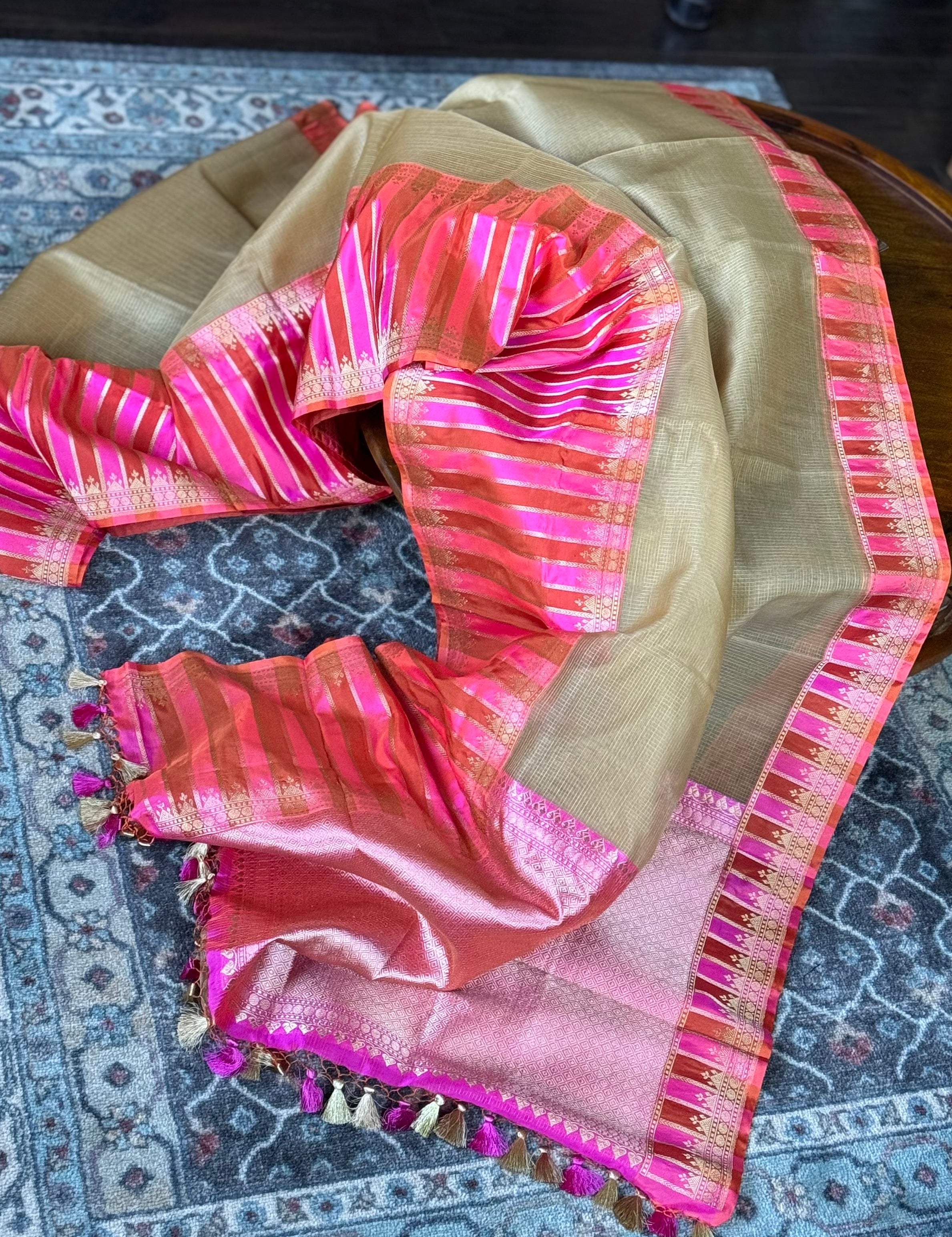 Organza Katan Silk Banarasi -  Tan Pink Orange Checkered