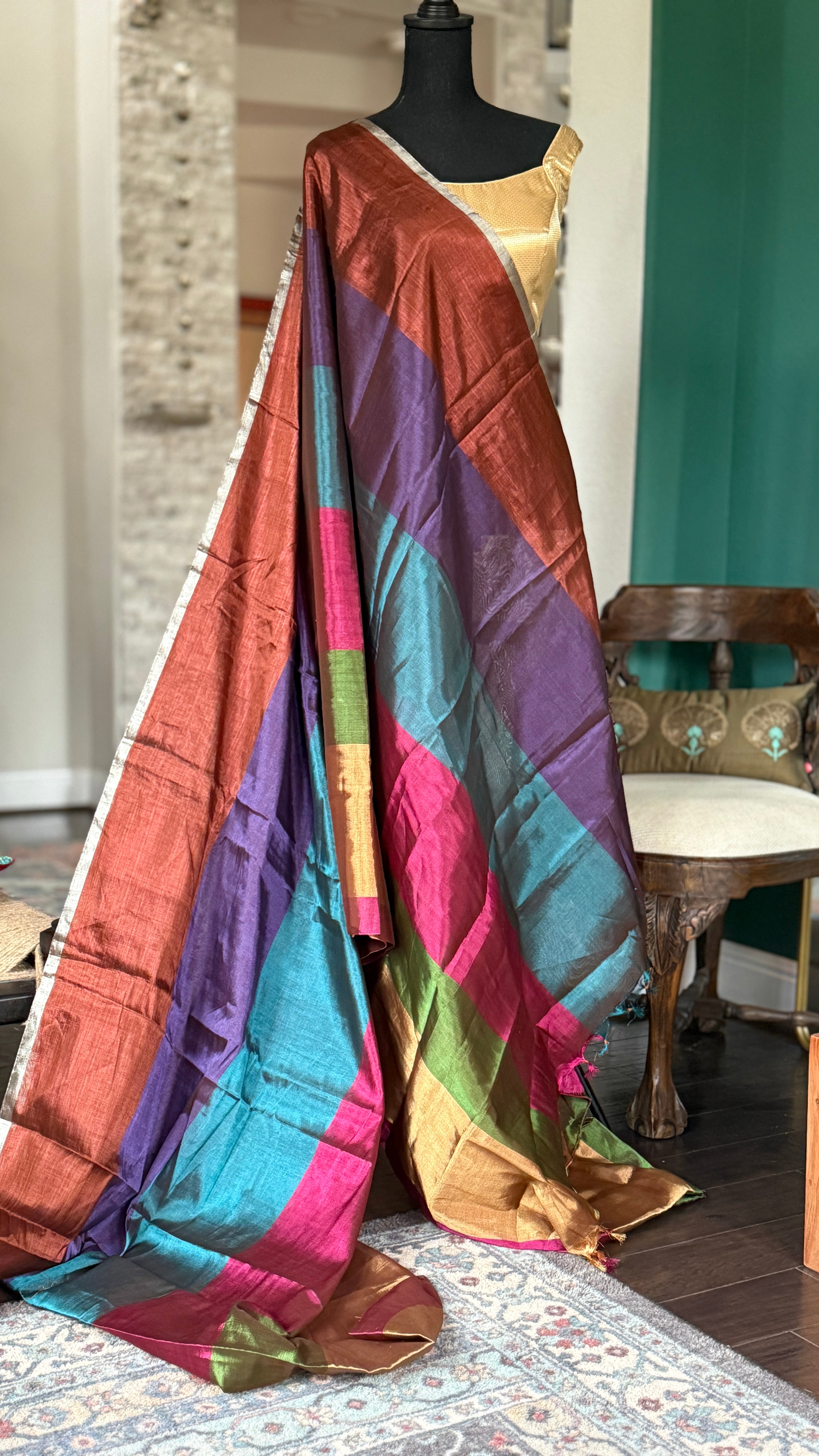 Chanderi Tissue Silk - Multi Color woven Rangkat