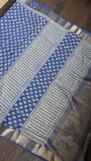 Printed Muga Cotton Silk Banaras  - Blue Paisley