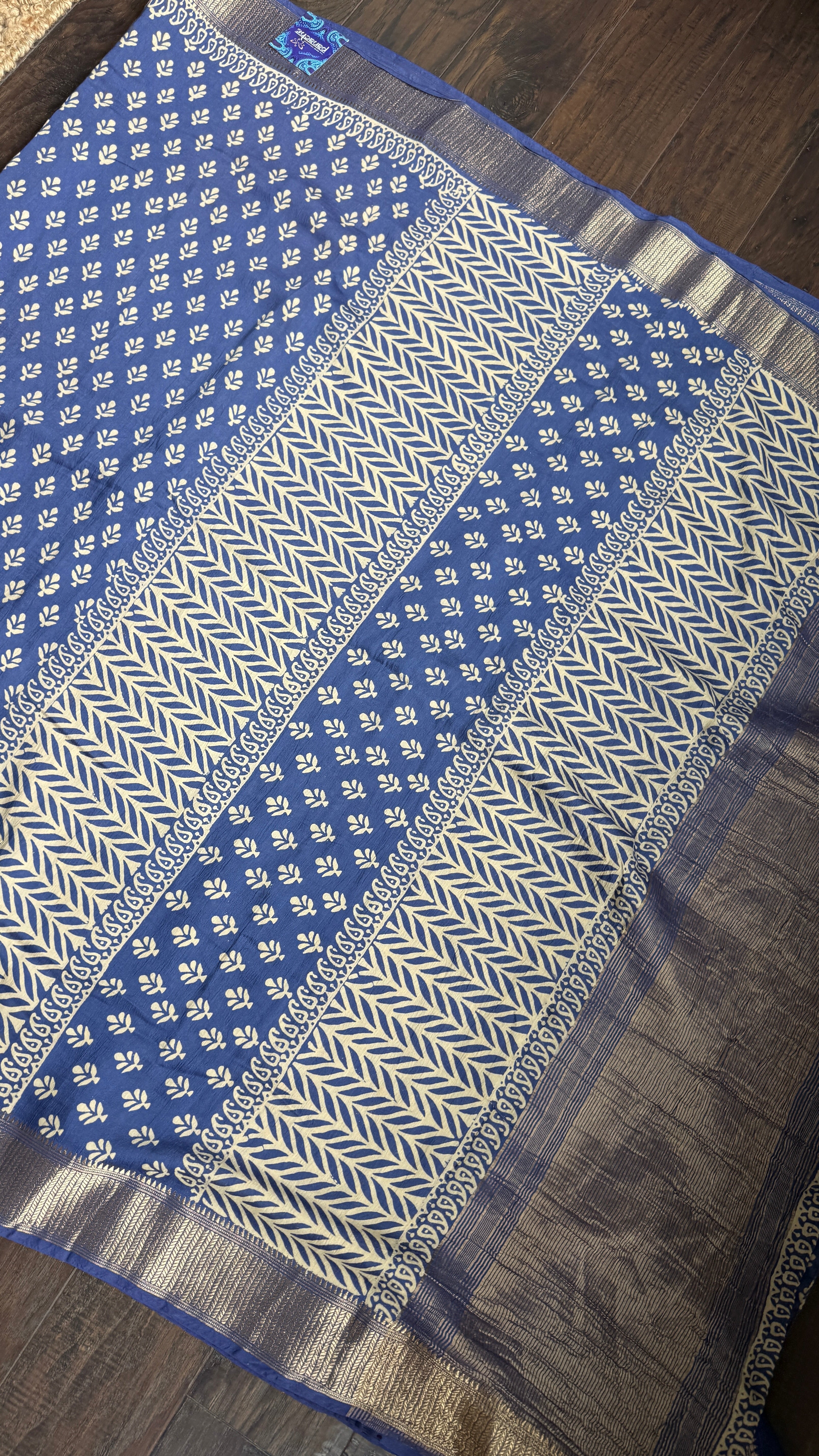 Printed Muga Cotton Silk Banaras  - Blue Paisley