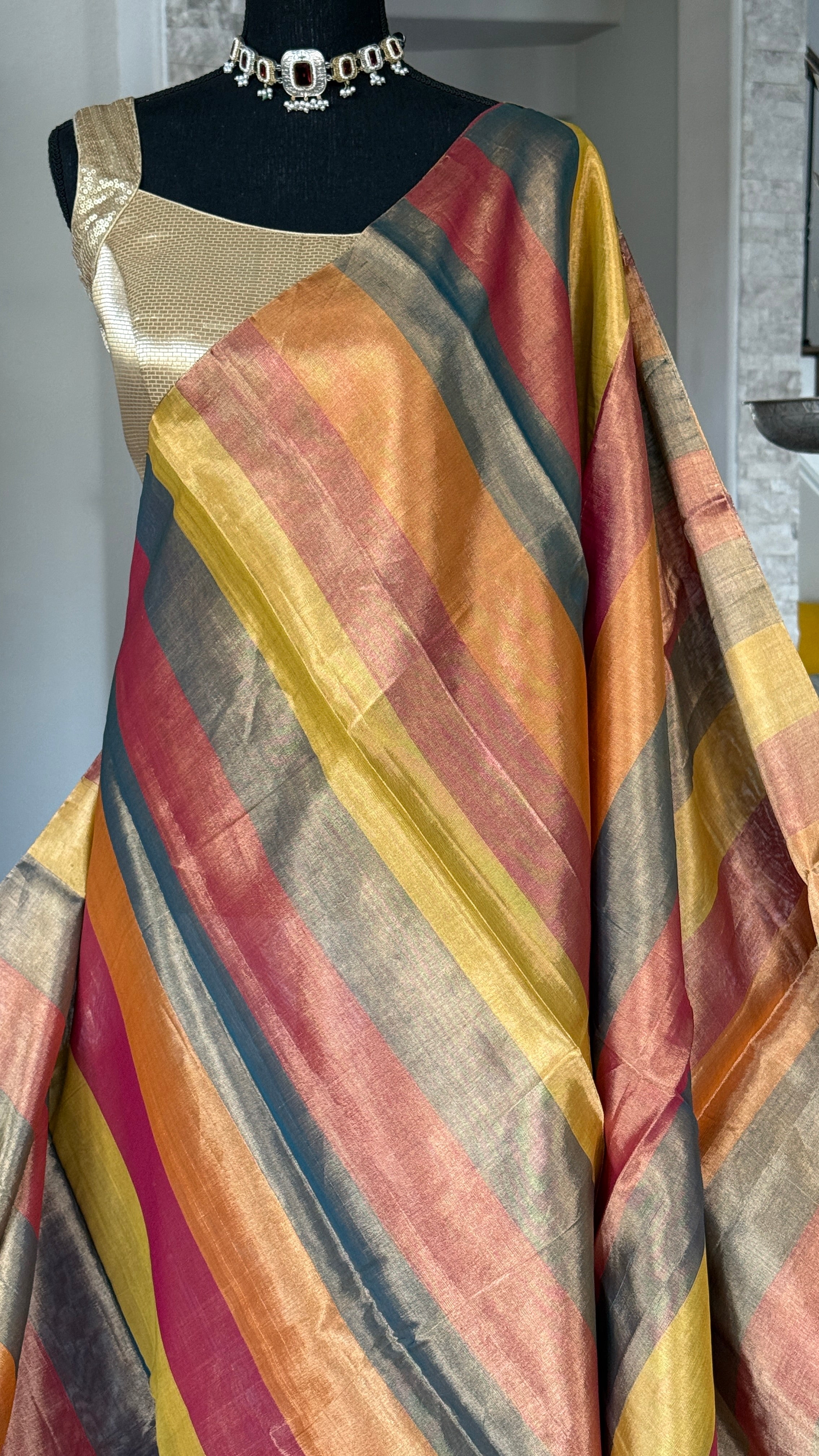 Chanderi Tissue Silk - Multi Color woven Rangkat