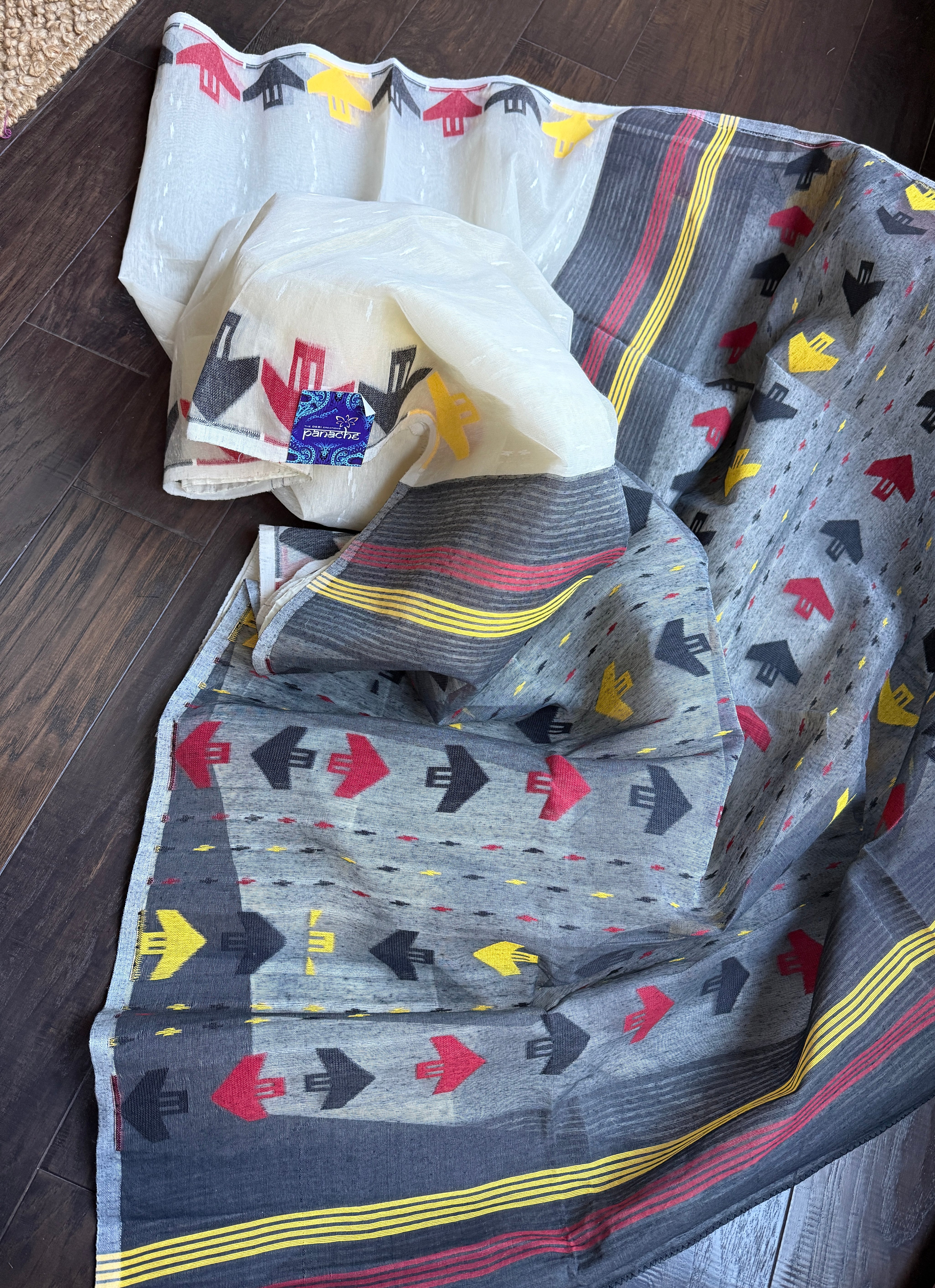 Dhakai Jamdani  - Off White Black Yellow Red