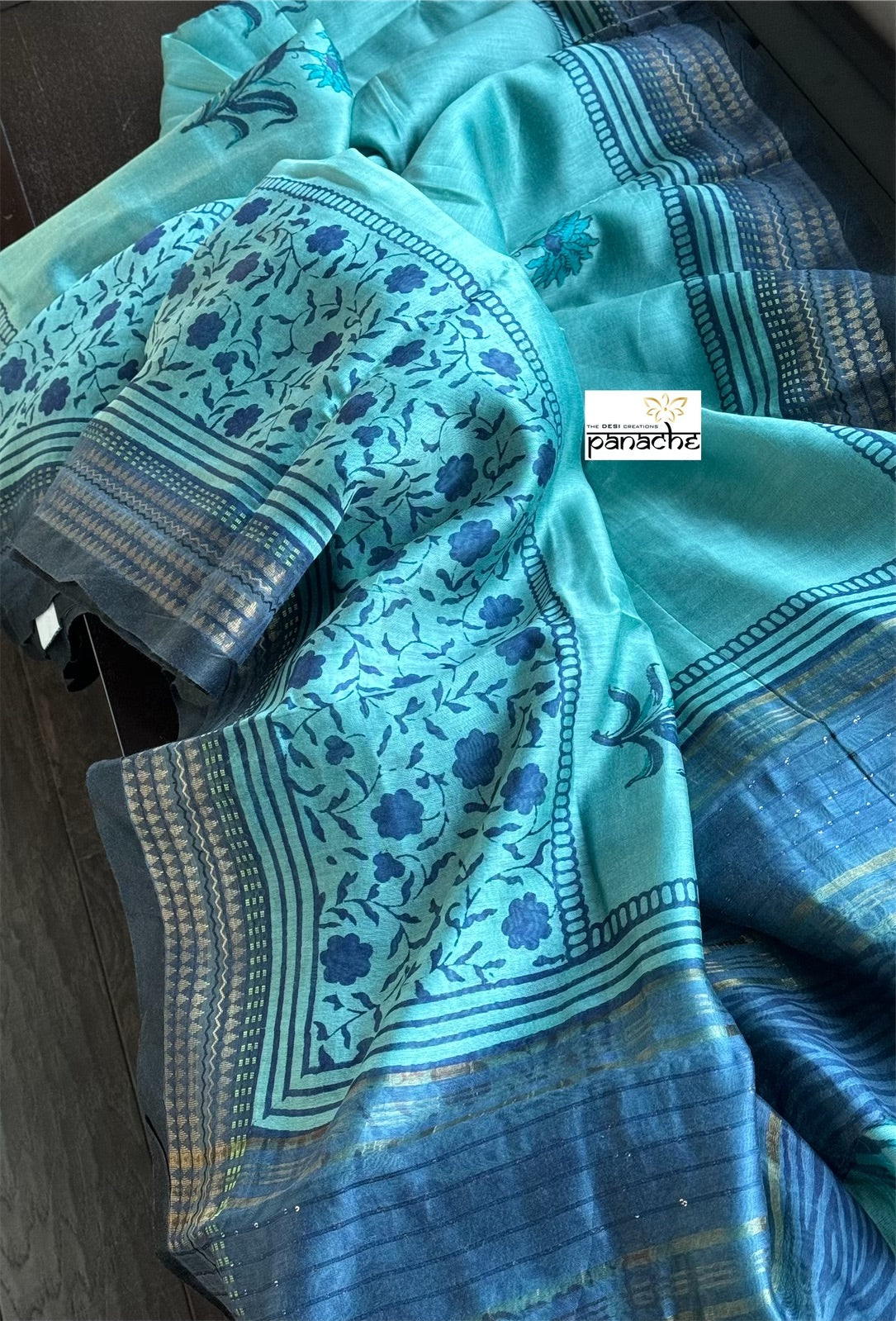 Pure Tussar Linen Silk - Firozi Blue Hand Block Printed