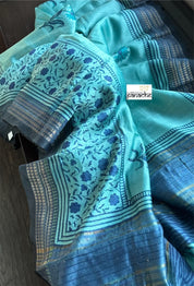 Pure Tussar Linen Silk - Firozi Blue Hand Block Printed