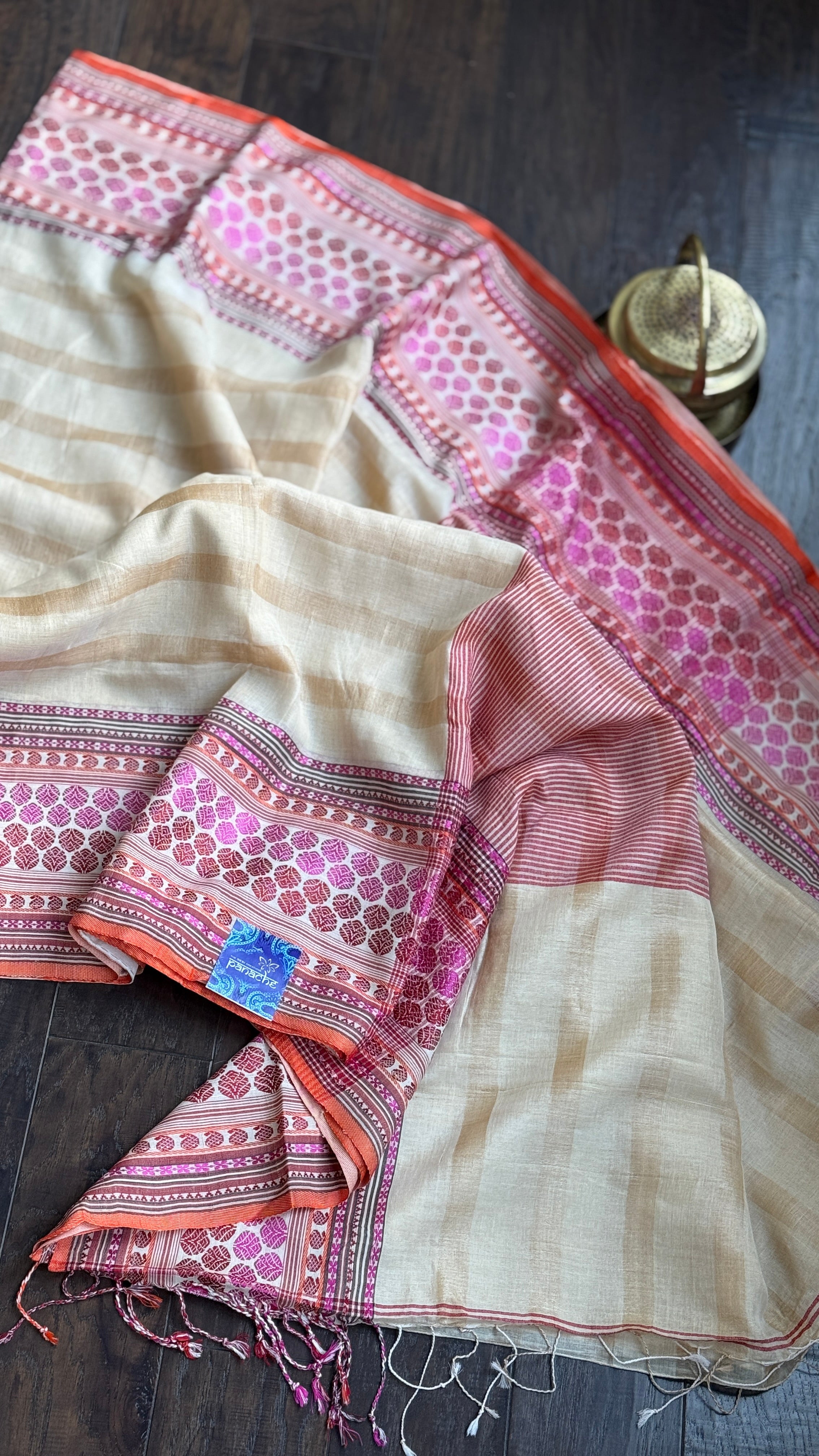 Pure Tussar Silk - Beige Striped Multi color