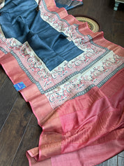 Pure Tussar Silk - Slate Grey Mahabharata depiction