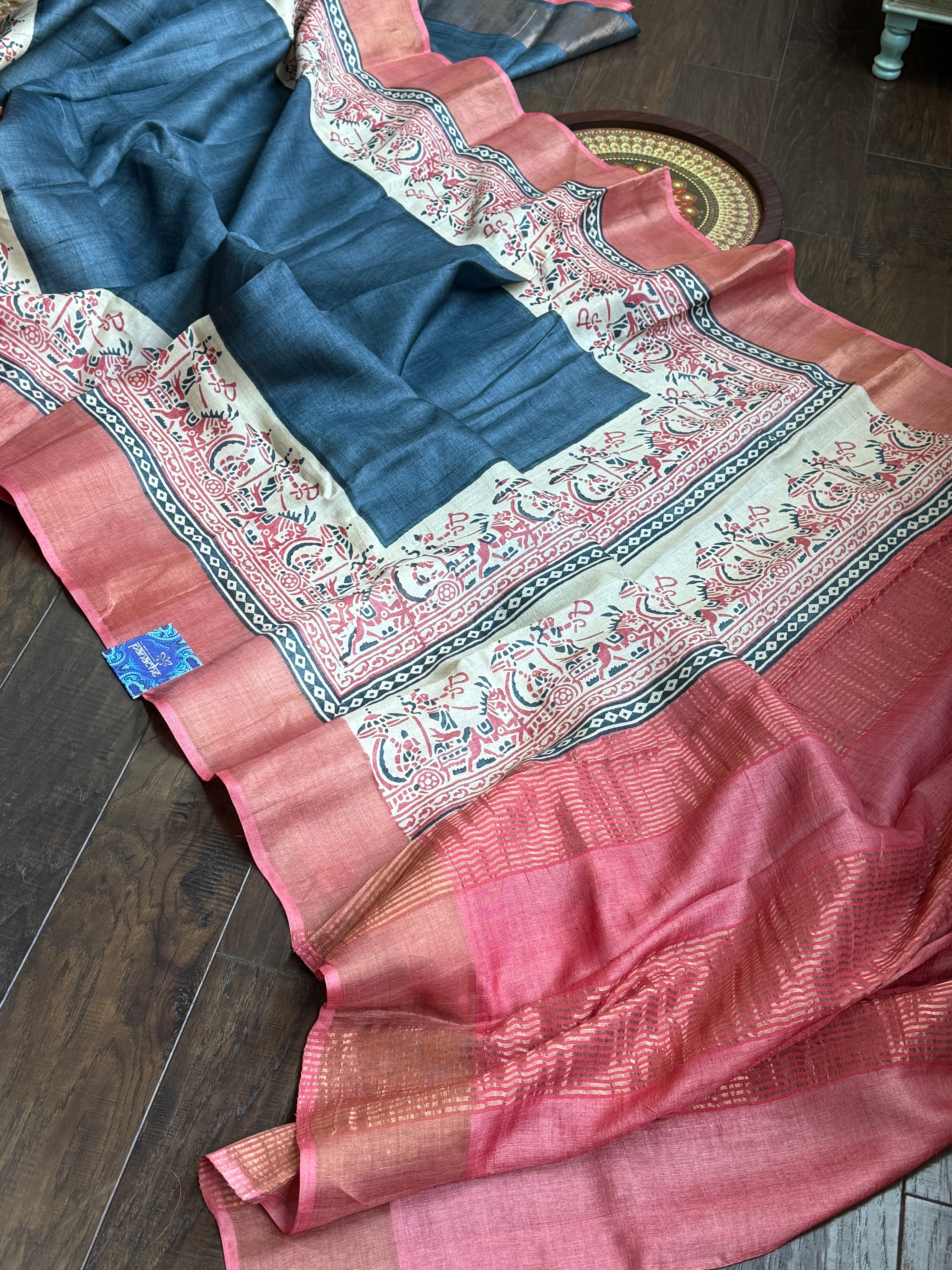 Pure Tussar Silk - Slate Grey Mahabharata depiction