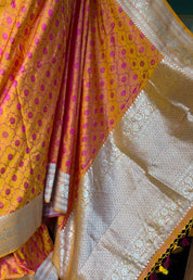 Pure Silk Mashru Silk Banarasi- Mustard Yellow Pink