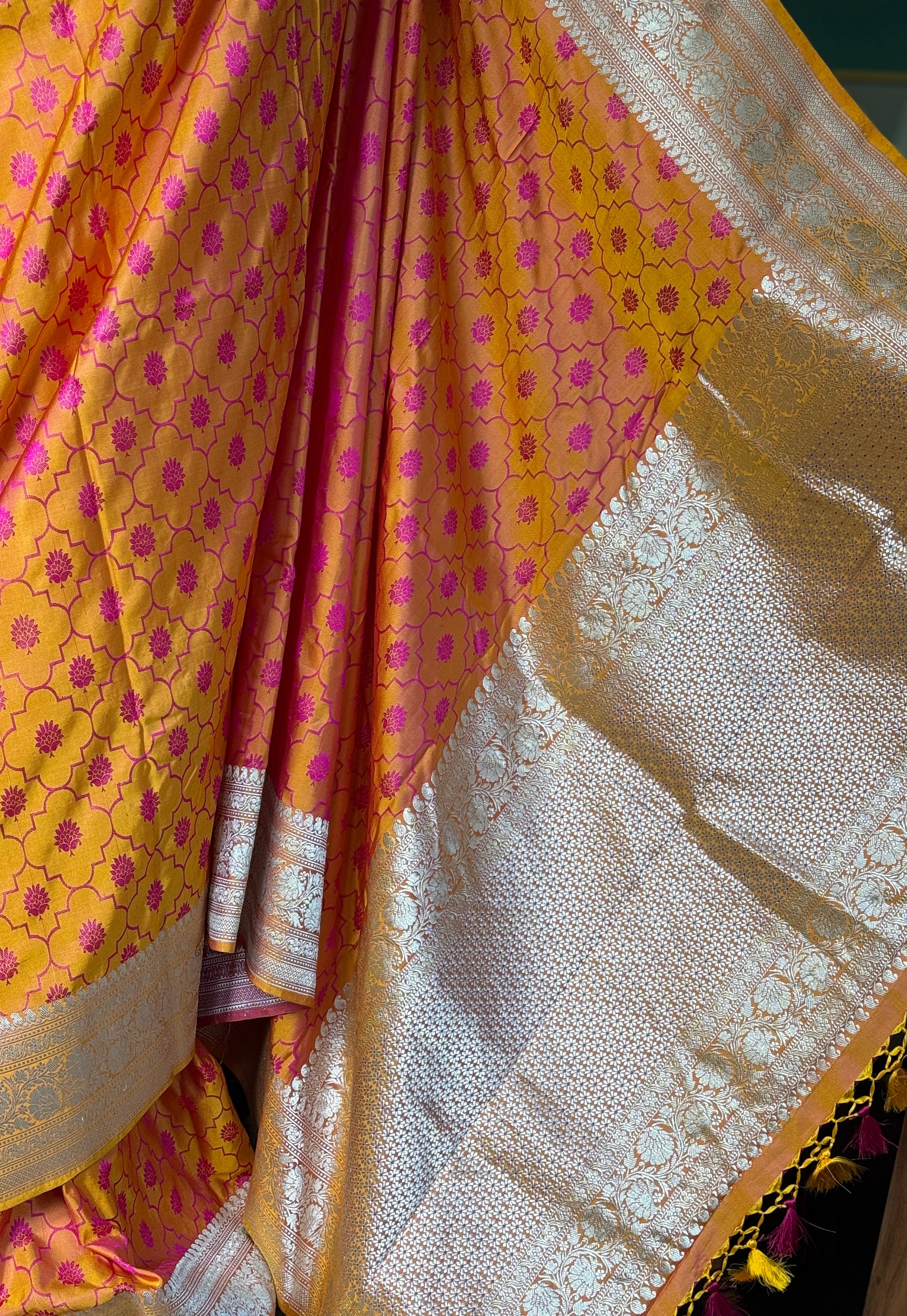 Pure Silk Mashru Silk Banarasi- Mustard Yellow Pink