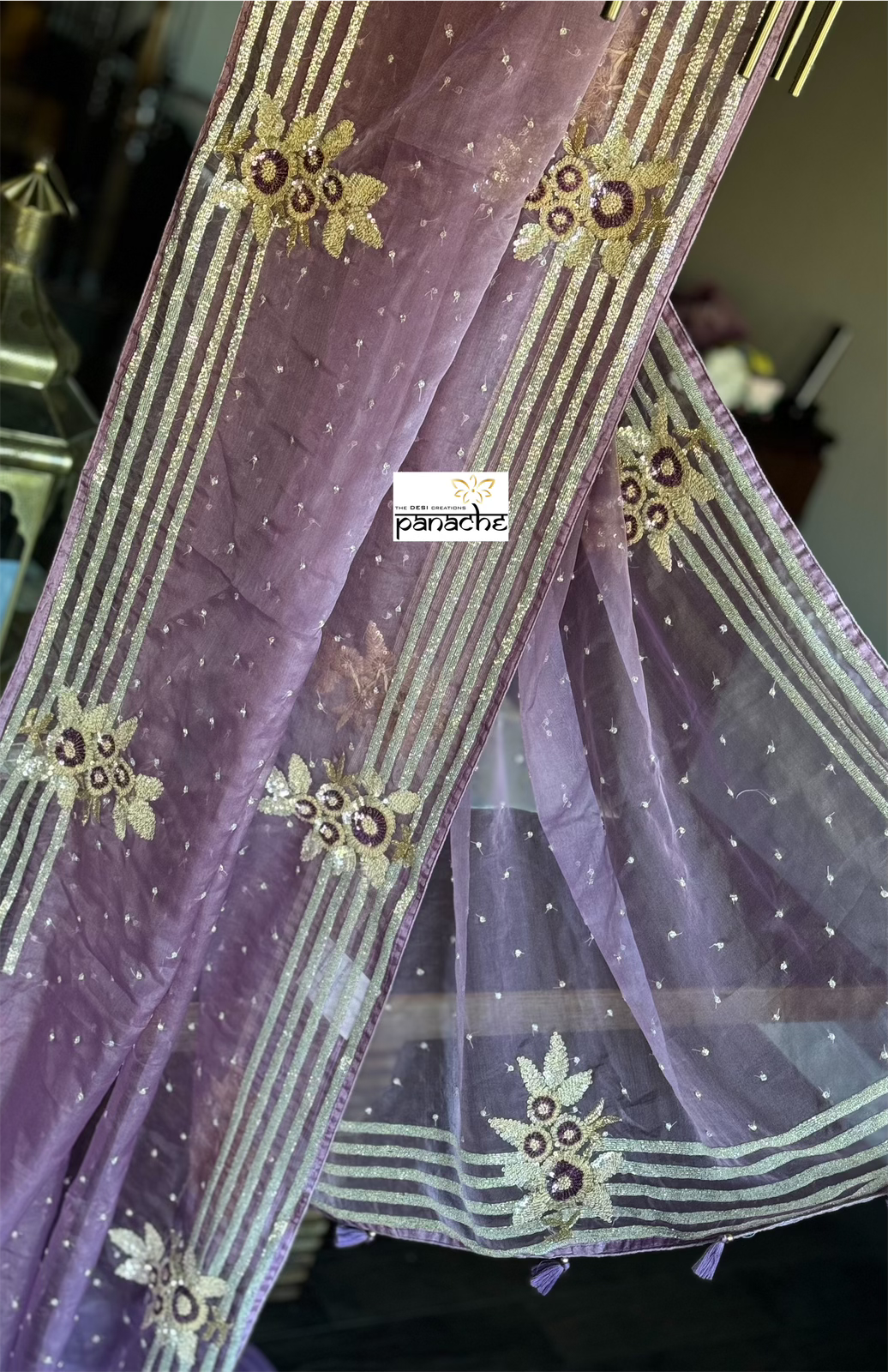 Designer Organza Hand Embroidered -  Mauve Multi Color