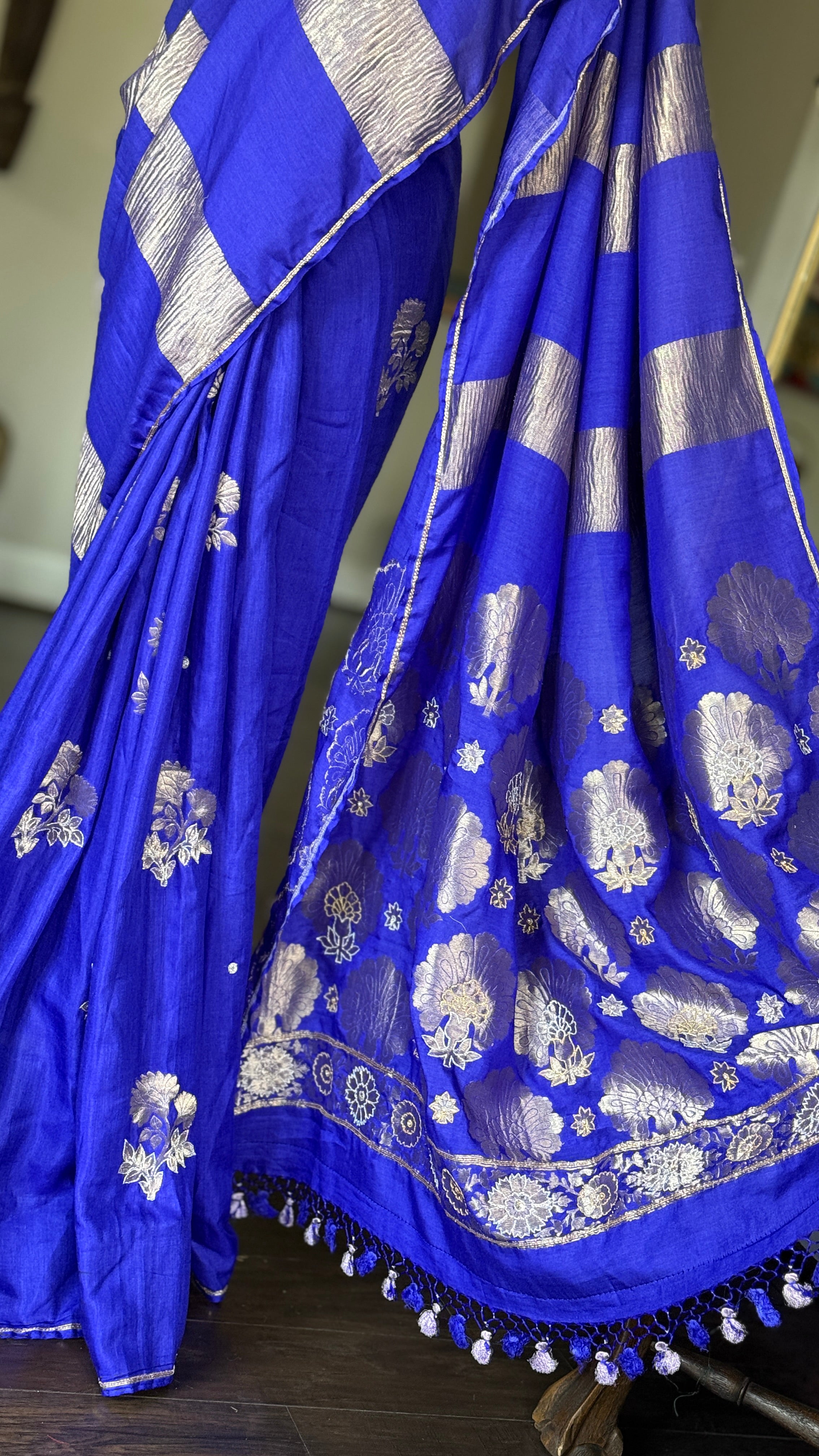 Designer Muga Chiffon Banarasi - Purple Blue Hand Zardozi Embroiderd