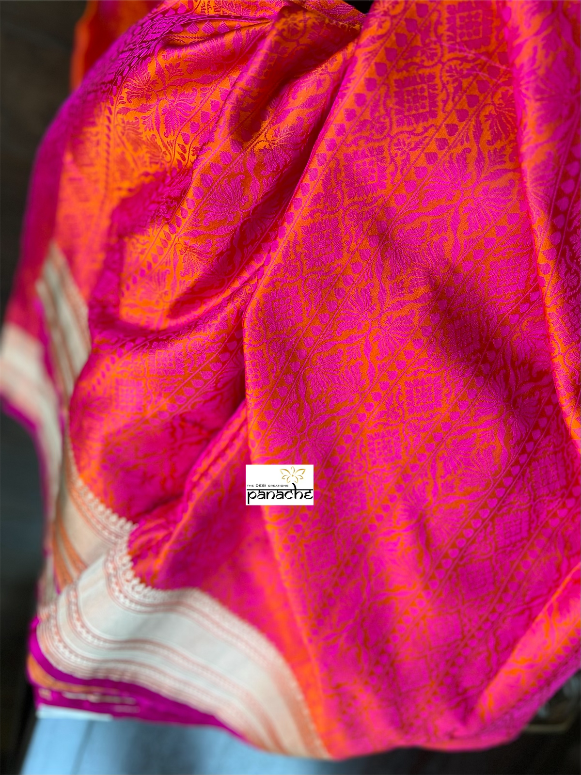 Pure Silk Mashru Banarasi- Pink Orange