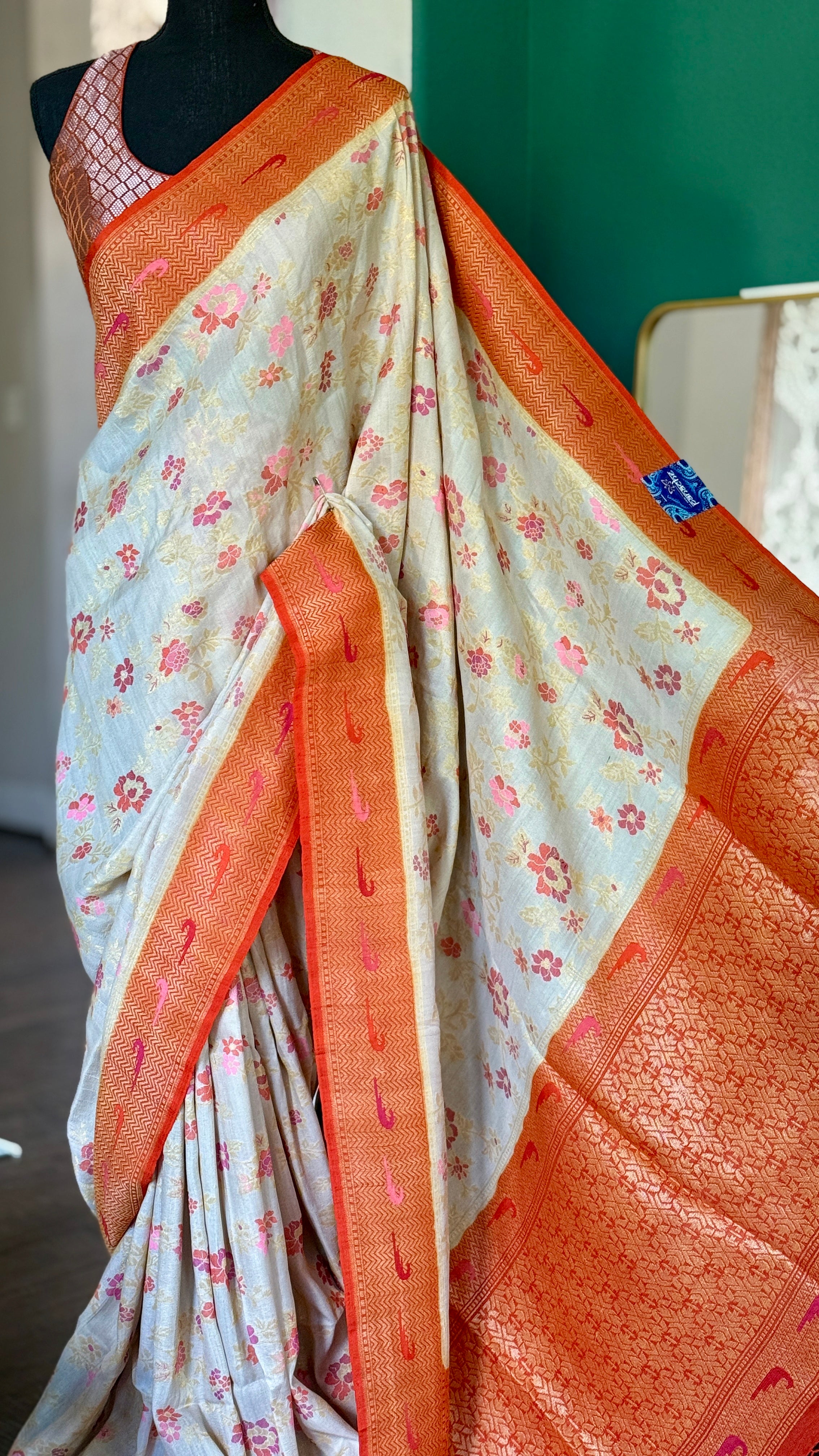 Khaddi Tussar Banarasi - Tilfi woven Beige Orange Multi Meenakari