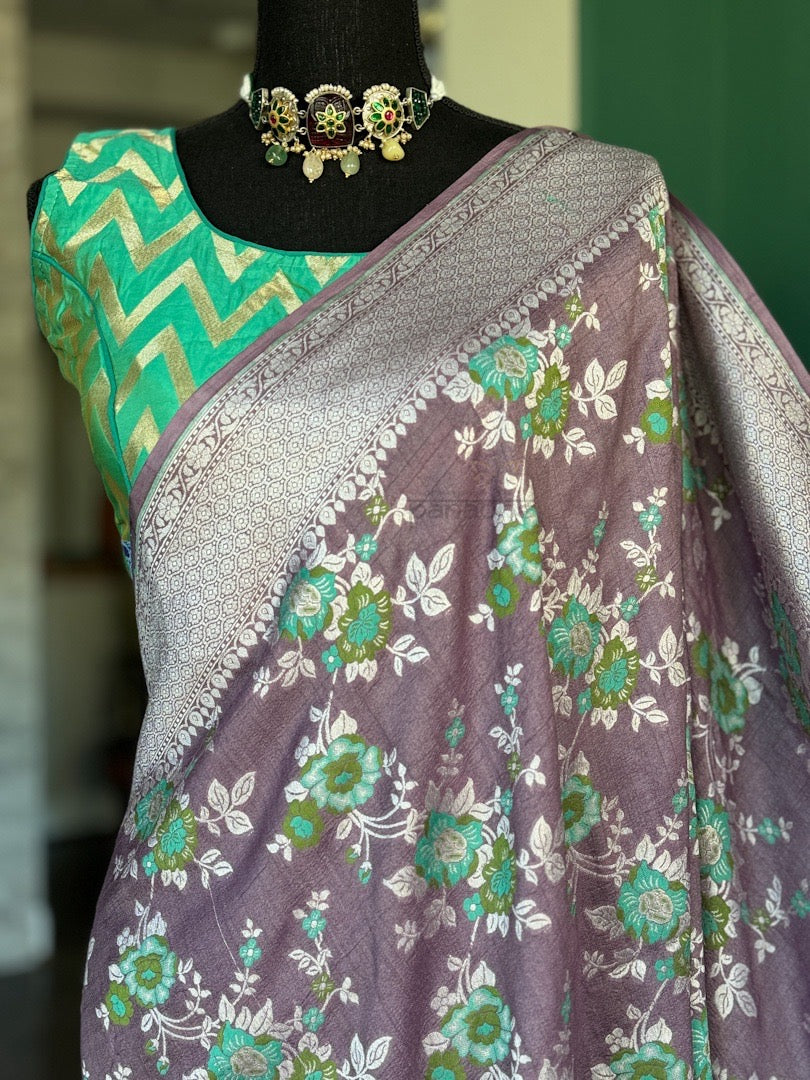 Khaddi Tussar Banarasi -   Grey Mauve Green Antique Zari