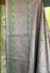 Pure Tussar Silk Kantha Stitch -  Light Pink Green