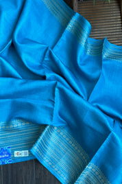 Handwoven Tussar Silk - Firozi Blue Golden Zari