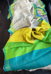 Pure Matka Silk - Tan Beige Lime Green