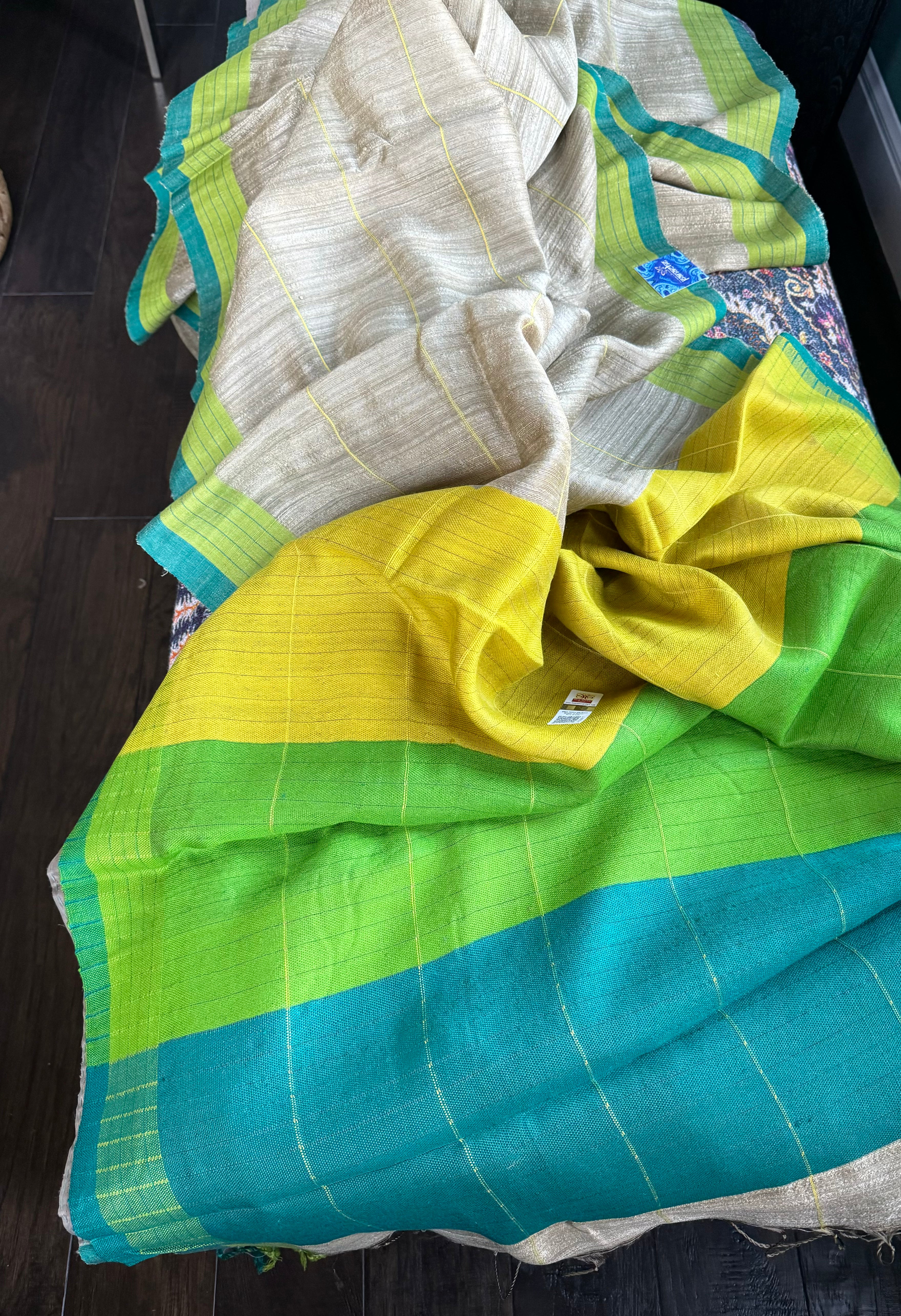 Pure Matka Silk - Tan Beige Lime Green