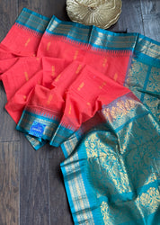 Cotton Gadwal - Coral Pink Orange Firozi