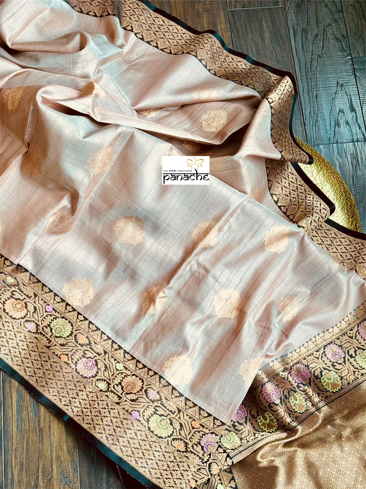 Tussar Silk Banarasi - Light Peach Brow Antique Zari