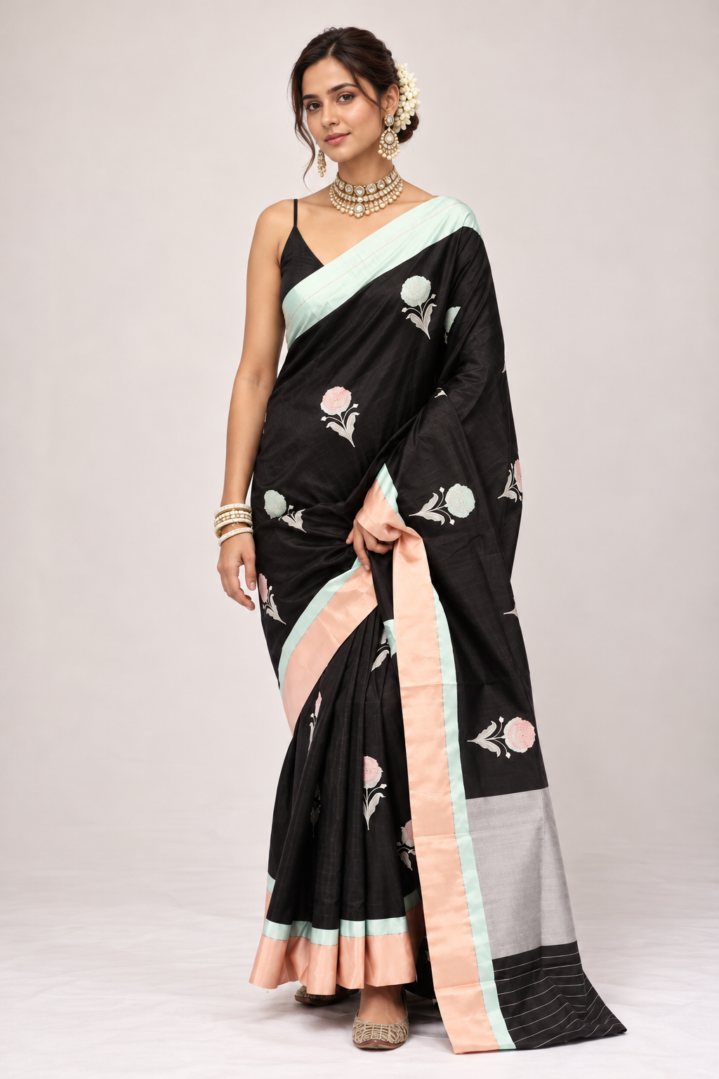 Pure Chanderi Pattu Silk - Black Peach Firozi Eknaliya