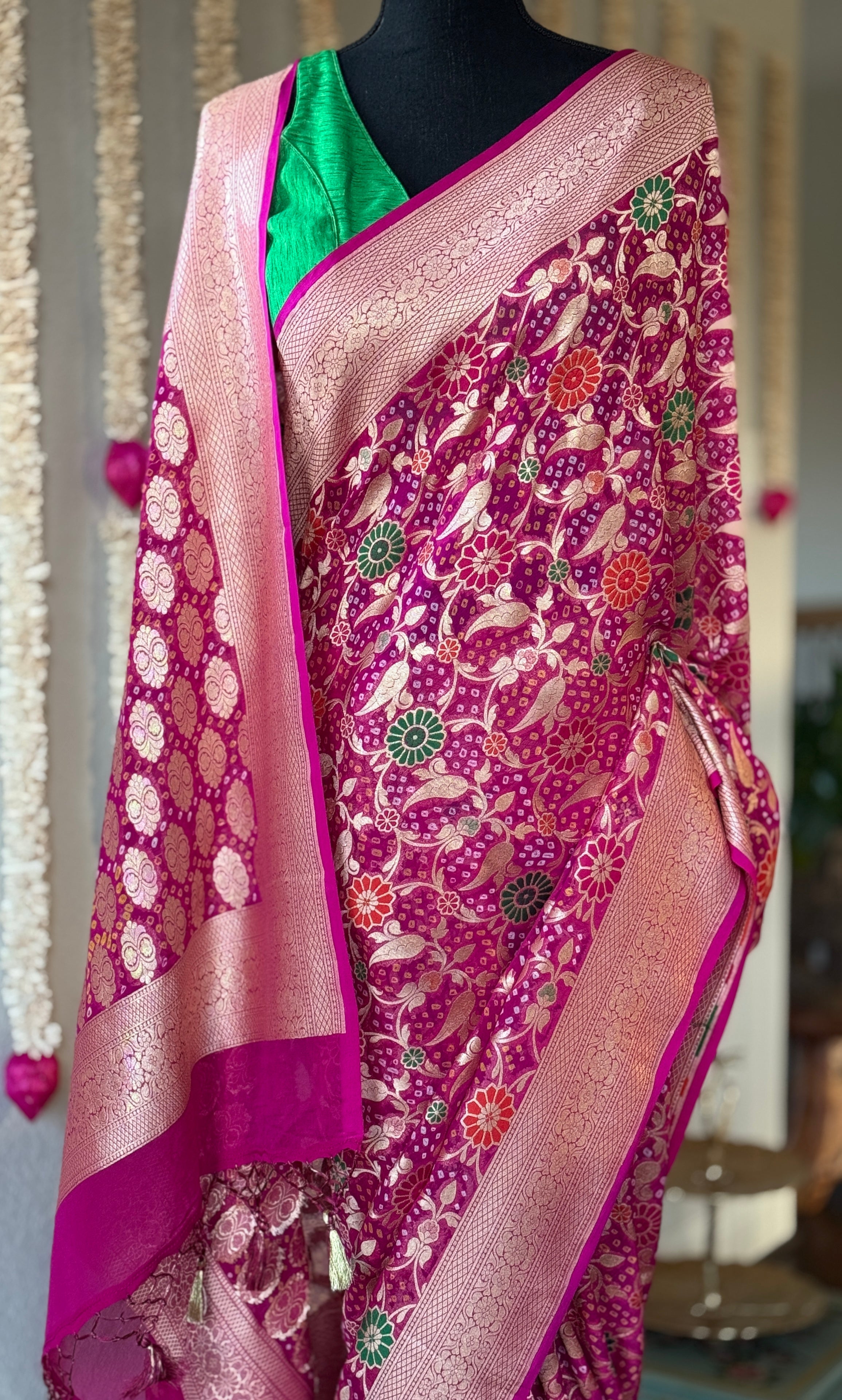 Bandhej Khaddi Georgette Banarasi - Magenta Pink